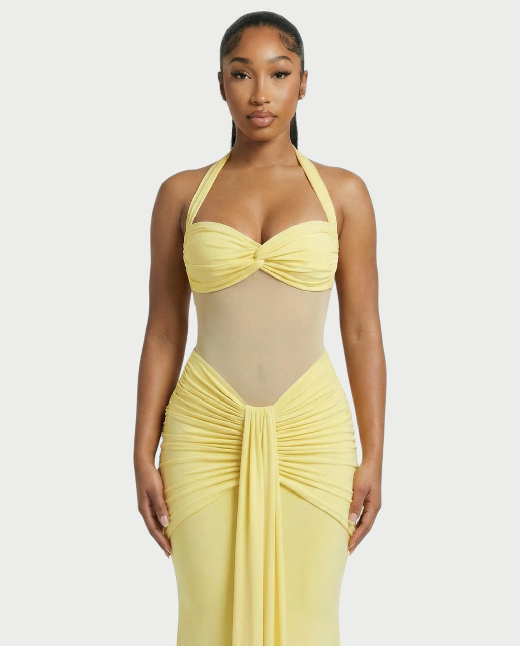 ALLEYA Halterneck Ruched Mesh Panel Maxi Dress
