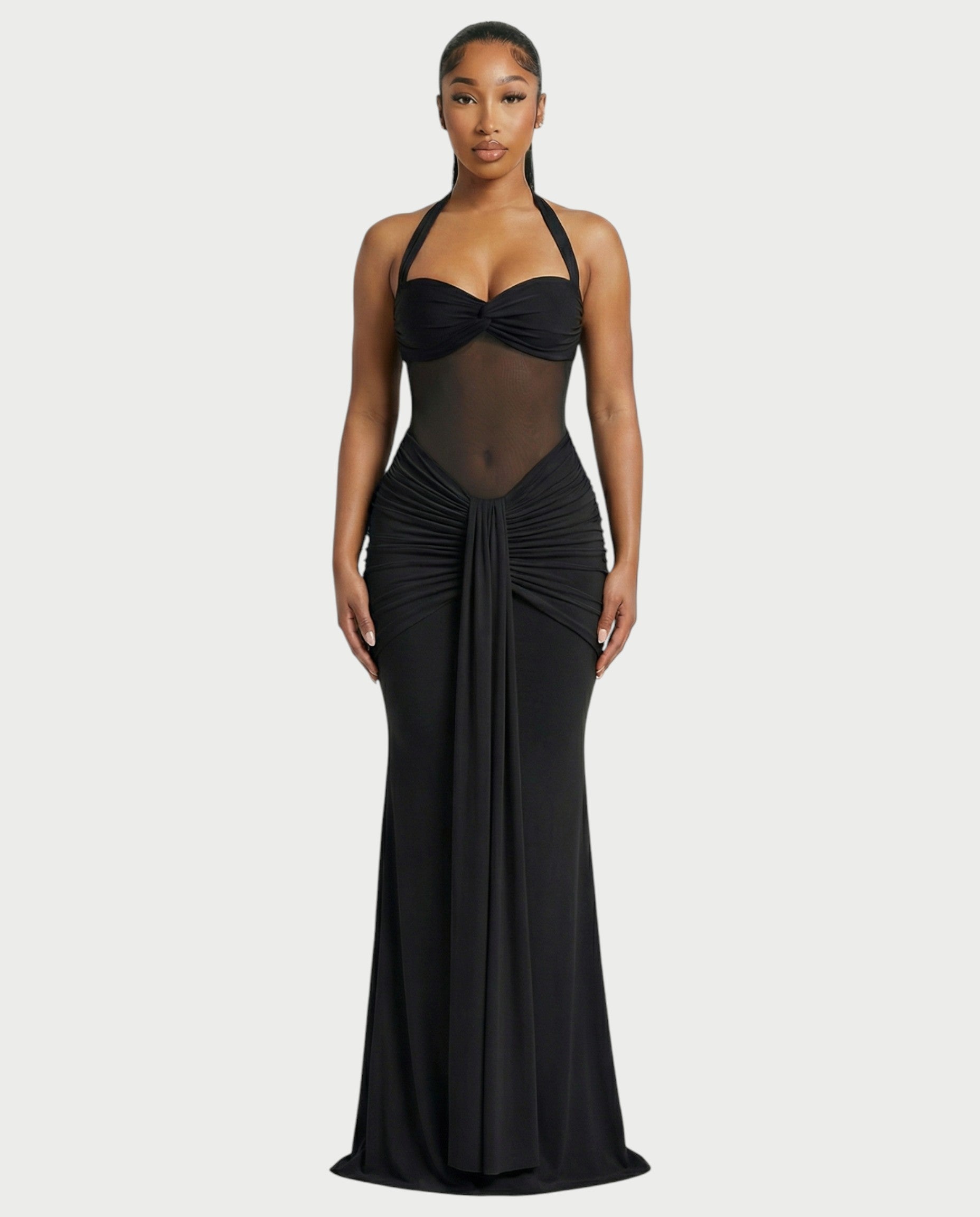 ALLEYA Halterneck Ruched Mesh Panel Maxi Dress
