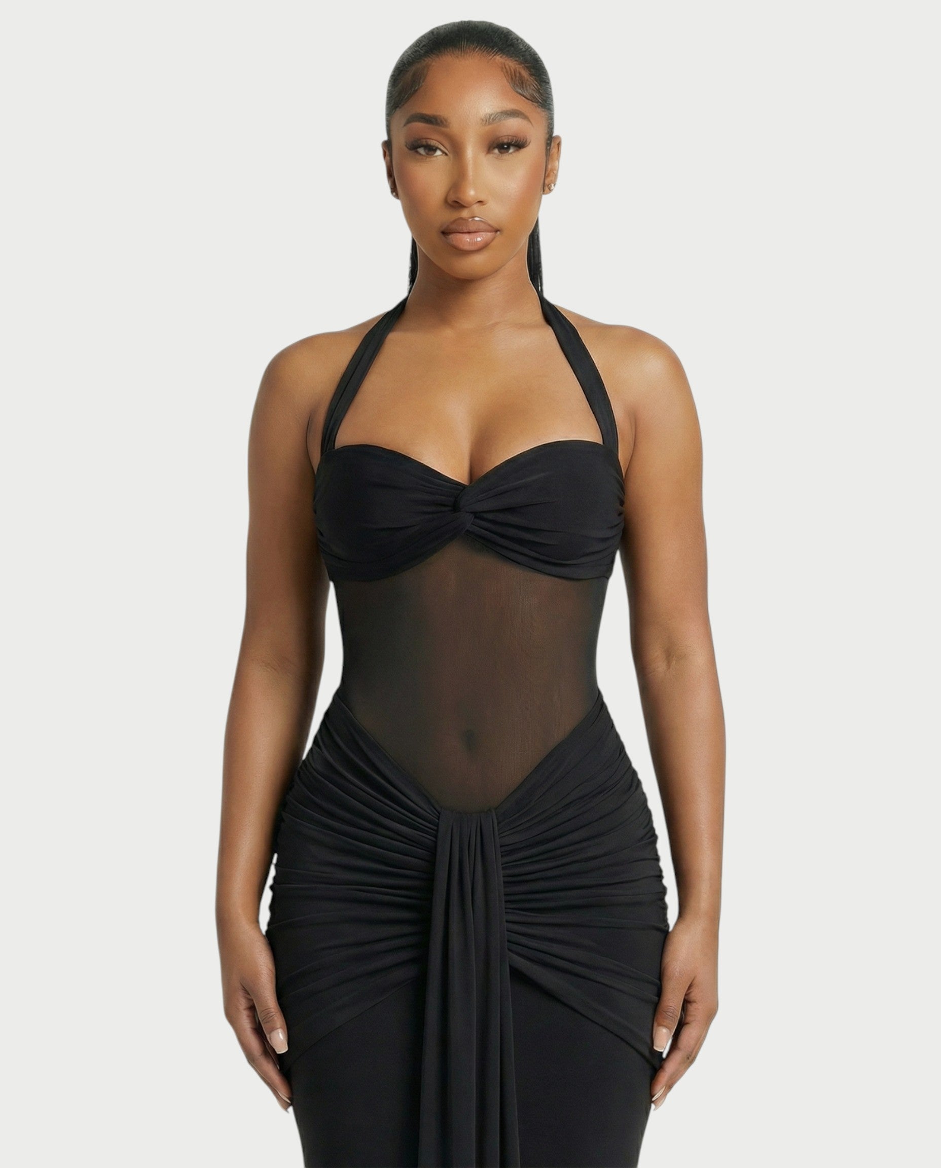 ALLEYA Halterneck Ruched Mesh Panel Maxi Dress