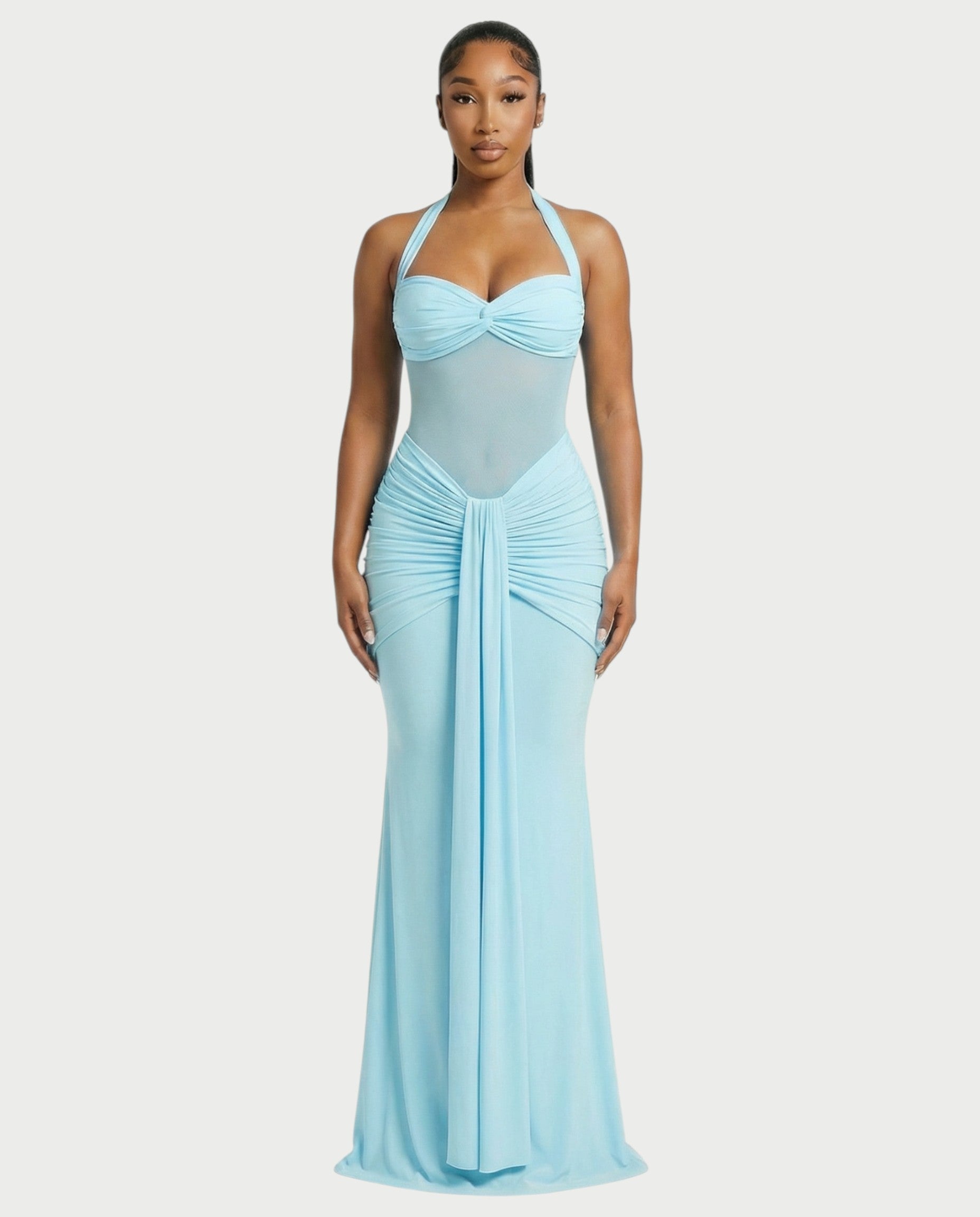 ALLEYA Halterneck Ruched Mesh Panel Maxi Dress