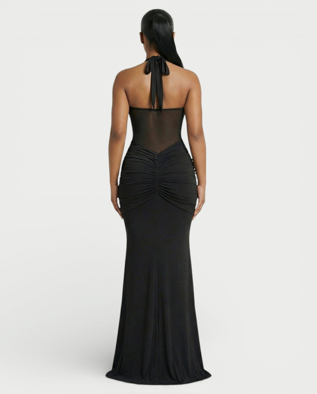 ALLEYA Halterneck Ruched Mesh Panel Maxi Dress