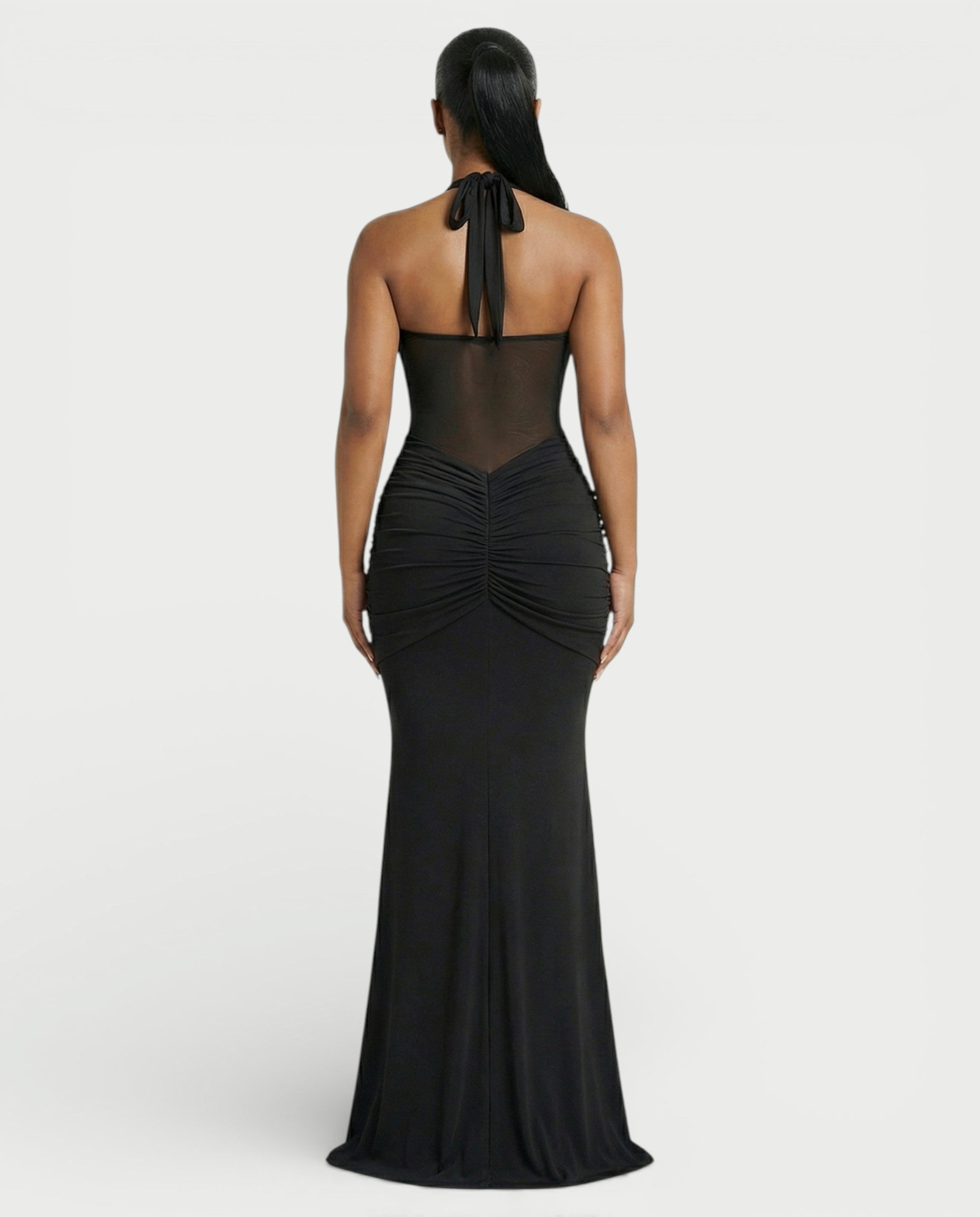ALLEYA Halterneck Ruched Mesh Panel Maxi Dress
