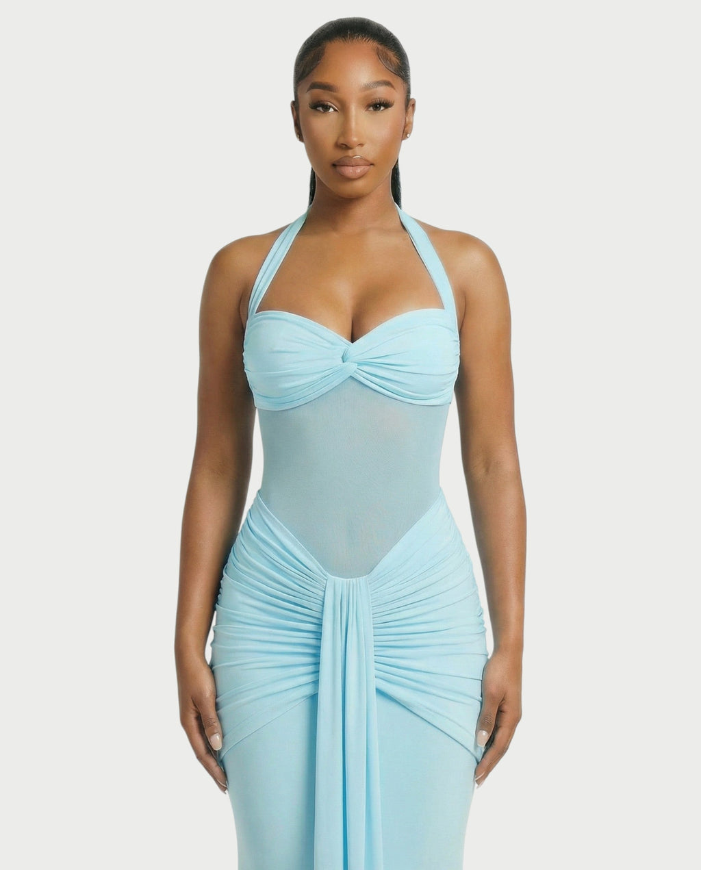 ALLEYA Halterneck Ruched Mesh Panel Maxi Dress