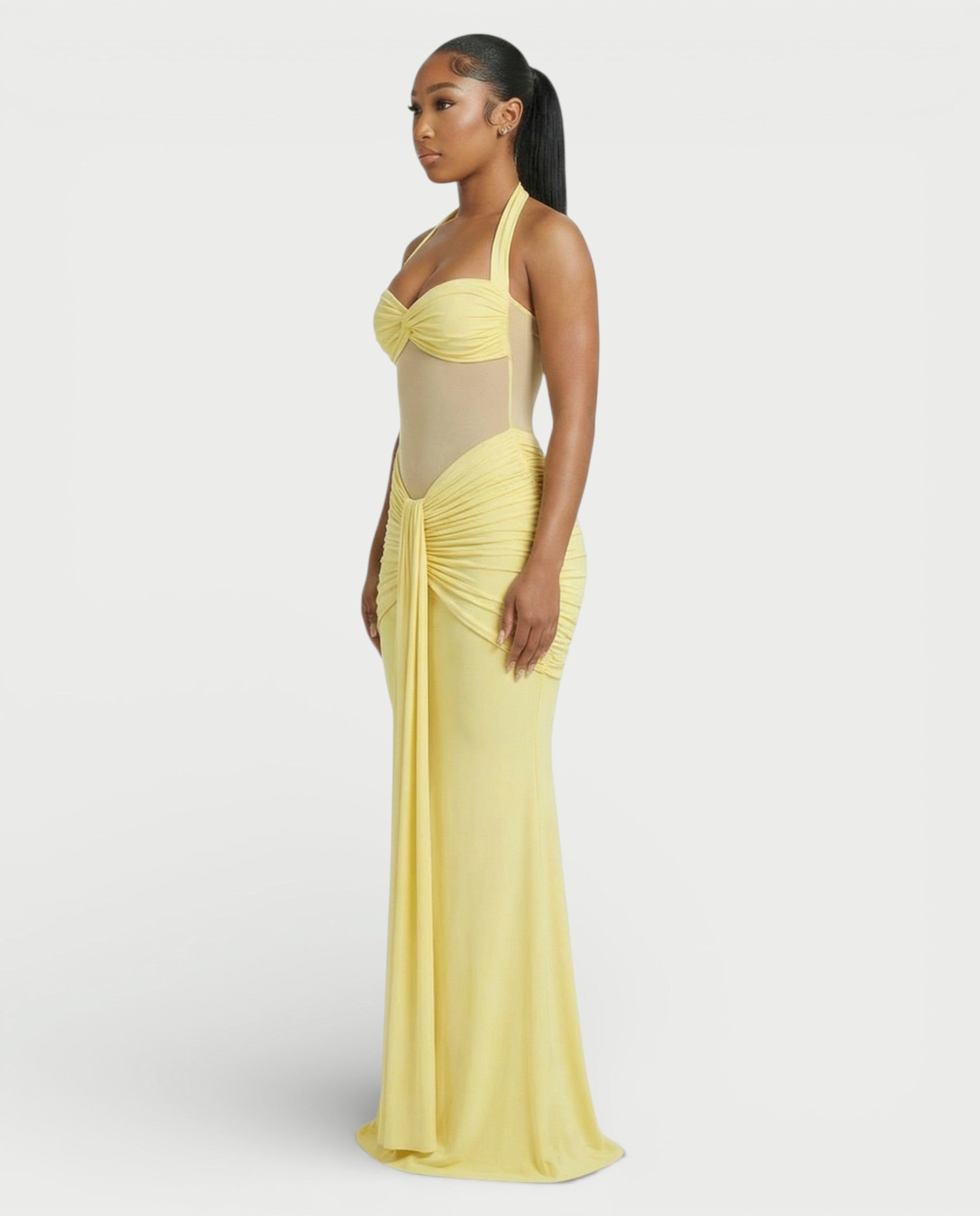 ALLEYA Halterneck Ruched Mesh Panel Maxi Dress