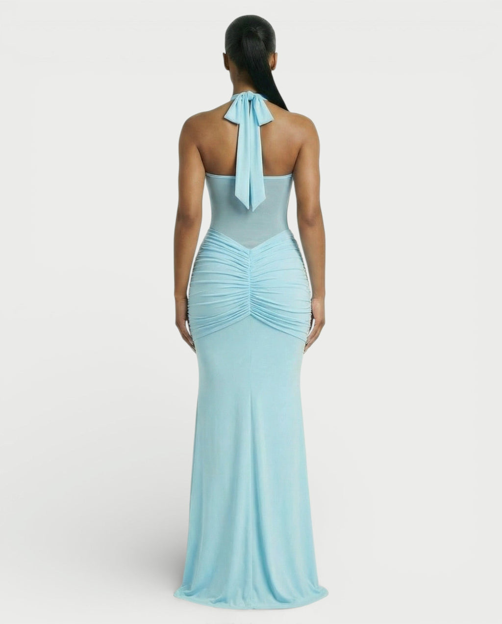 ALLEYA Halterneck Ruched Mesh Panel Maxi Dress