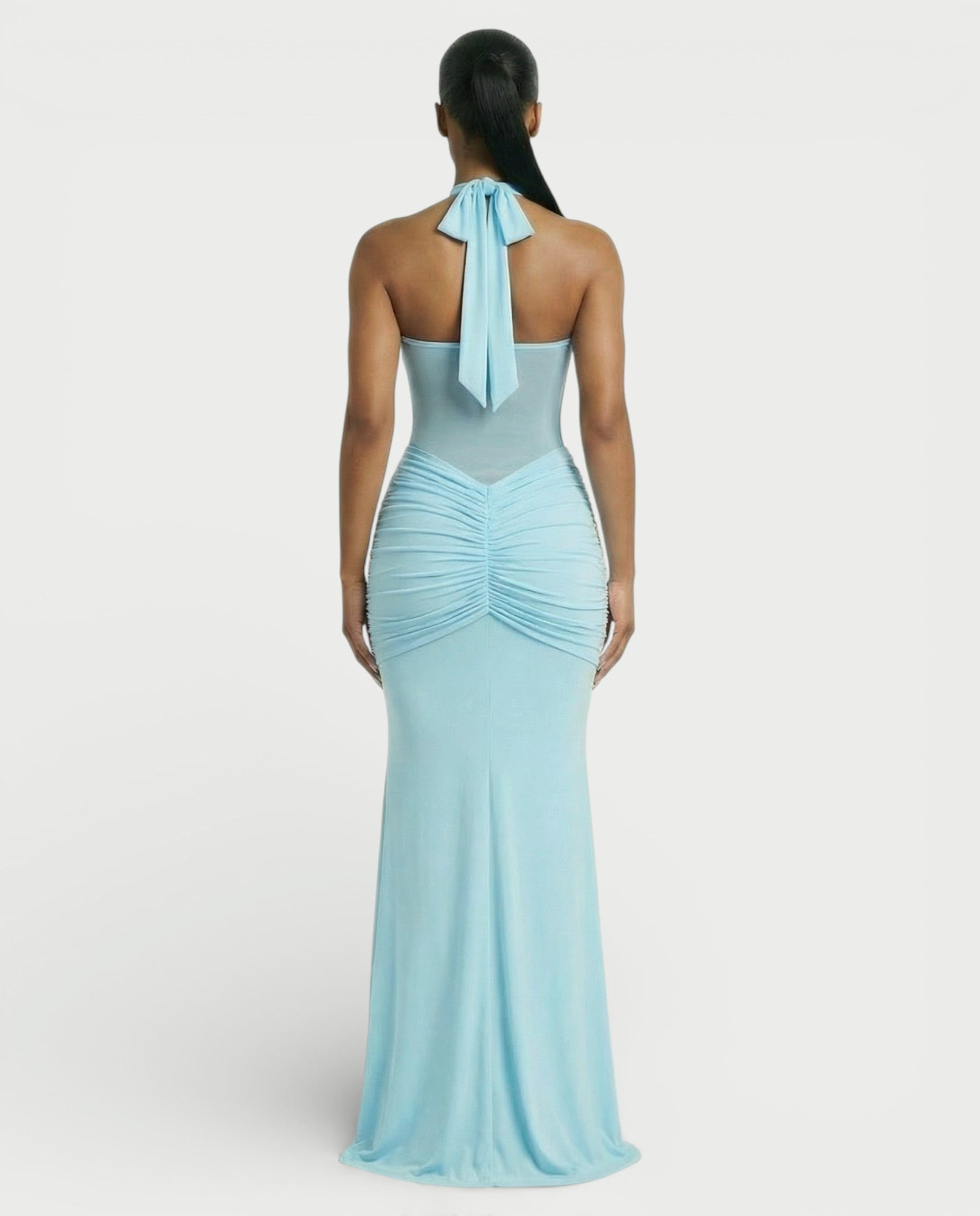 ALLEYA Halterneck Ruched Mesh Panel Maxi Dress
