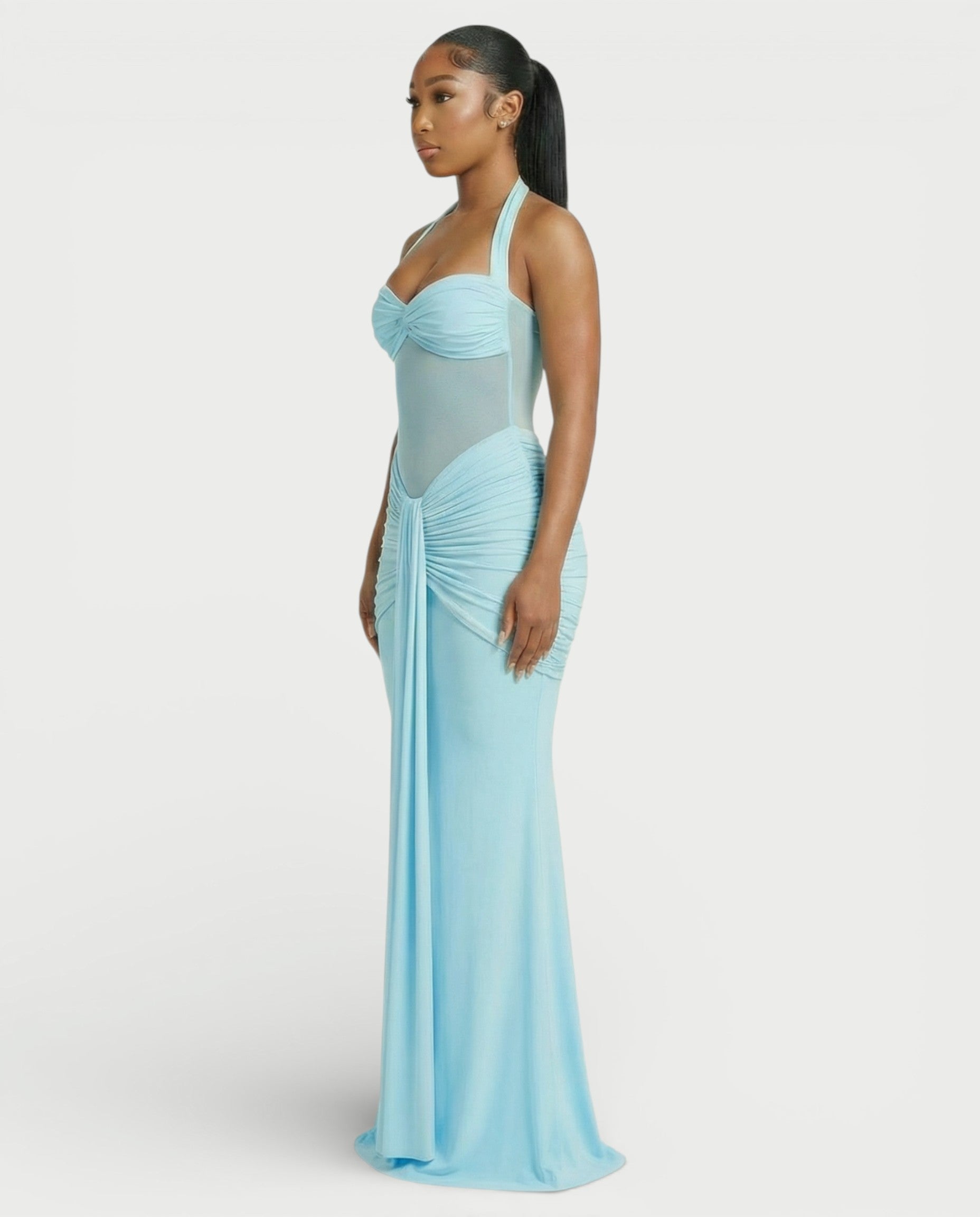 ALLEYA Halterneck Ruched Mesh Panel Maxi Dress