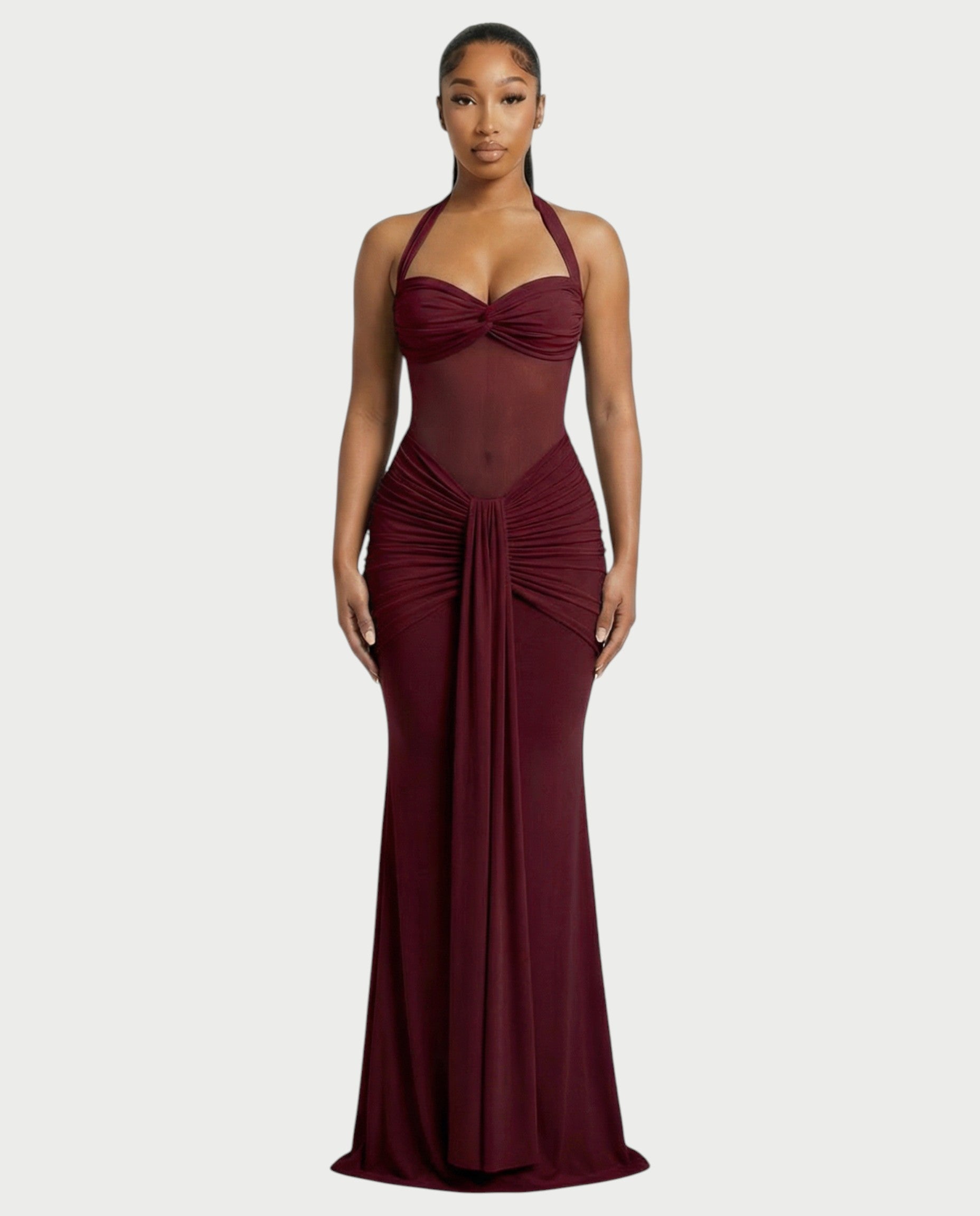 ALLEYA Halterneck Ruched Mesh Panel Maxi Dress