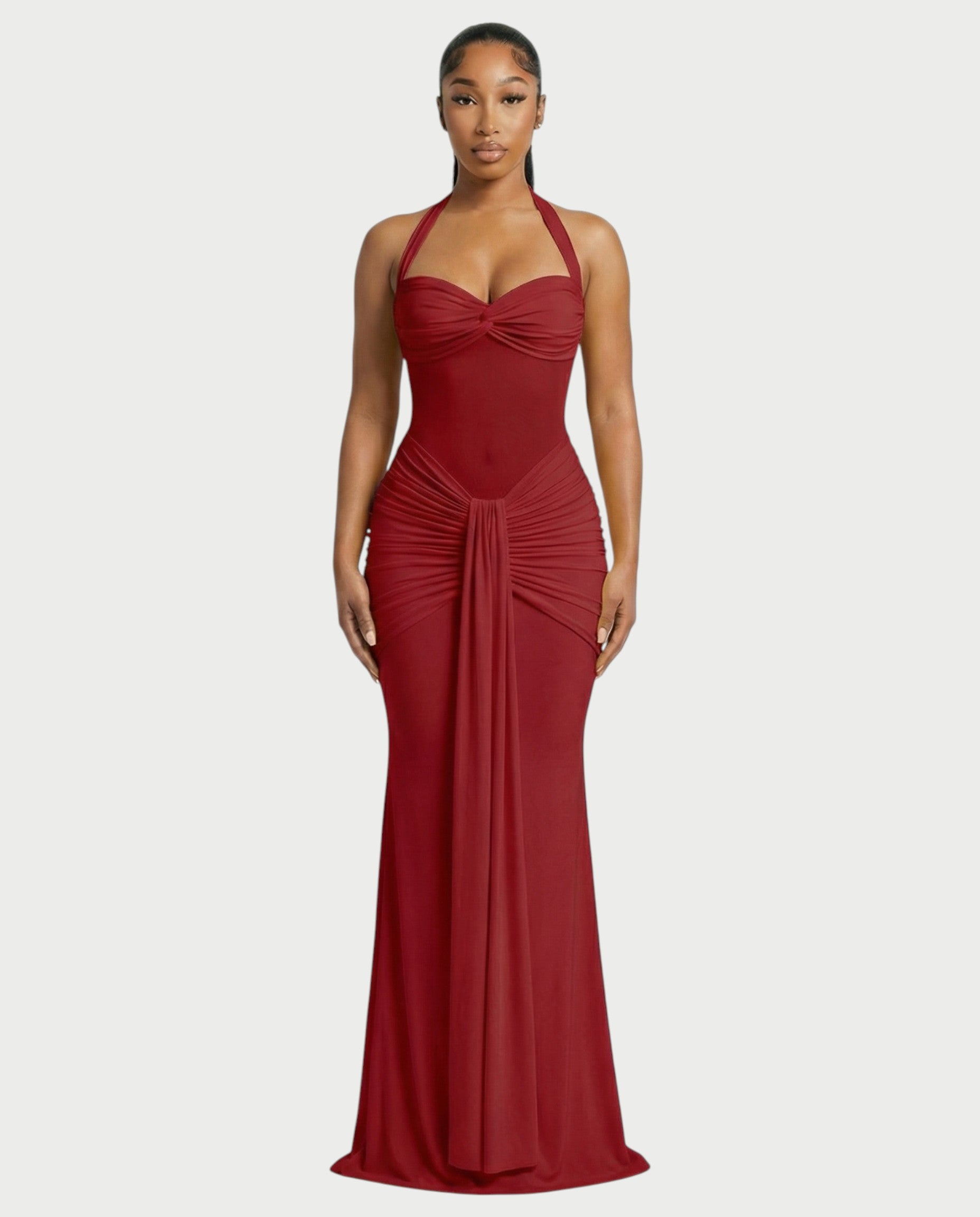 ALLEYA Halterneck Ruched Mesh Panel Maxi Dress