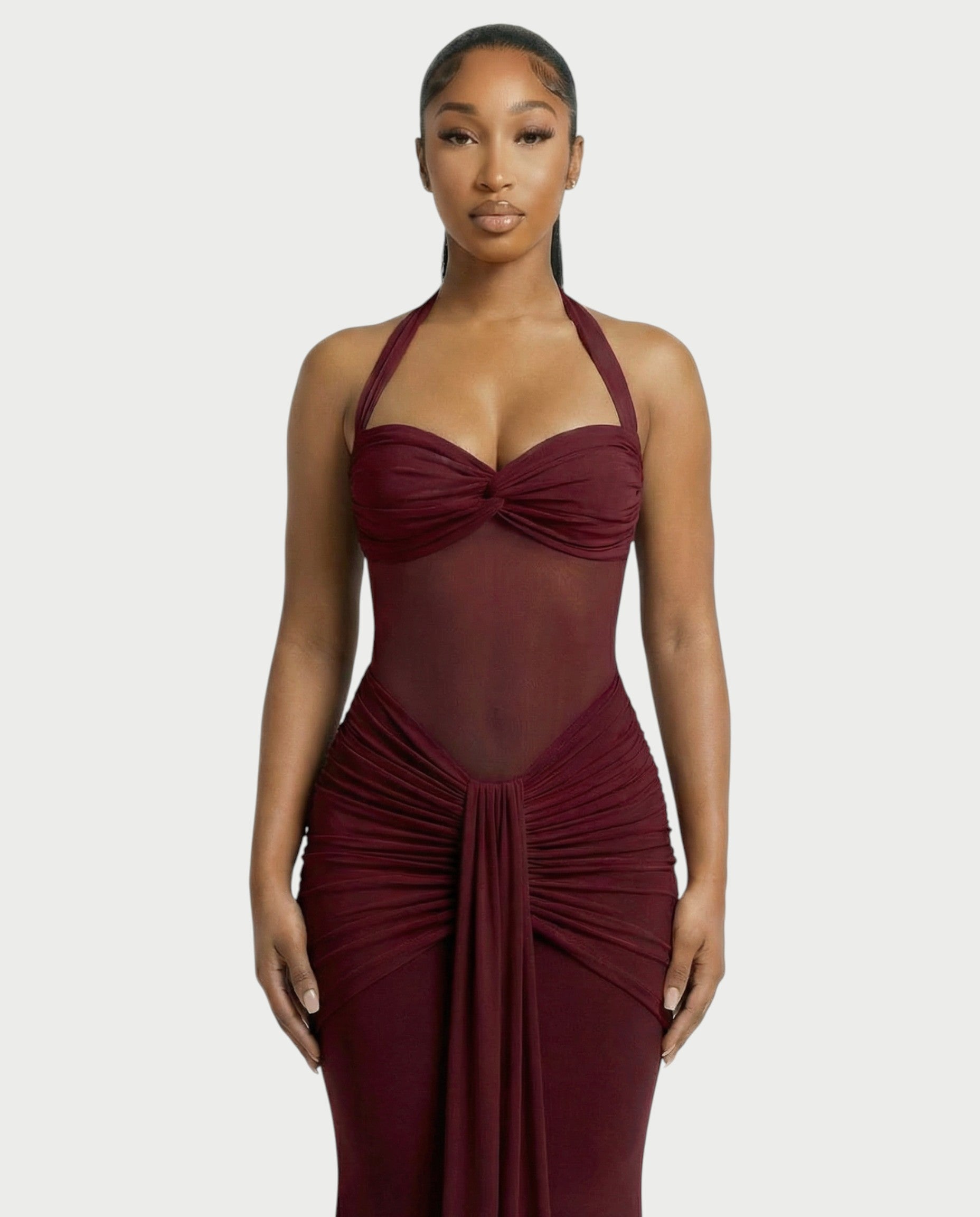 ALLEYA Halterneck Ruched Mesh Panel Maxi Dress