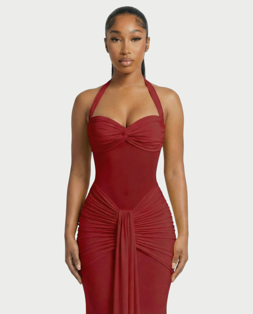 ALLEYA Halterneck Ruched Mesh Panel Maxi Dress