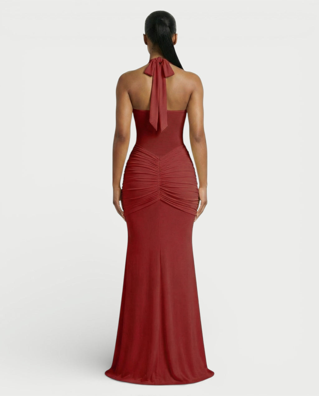 ALLEYA Halterneck Ruched Mesh Panel Maxi Dress