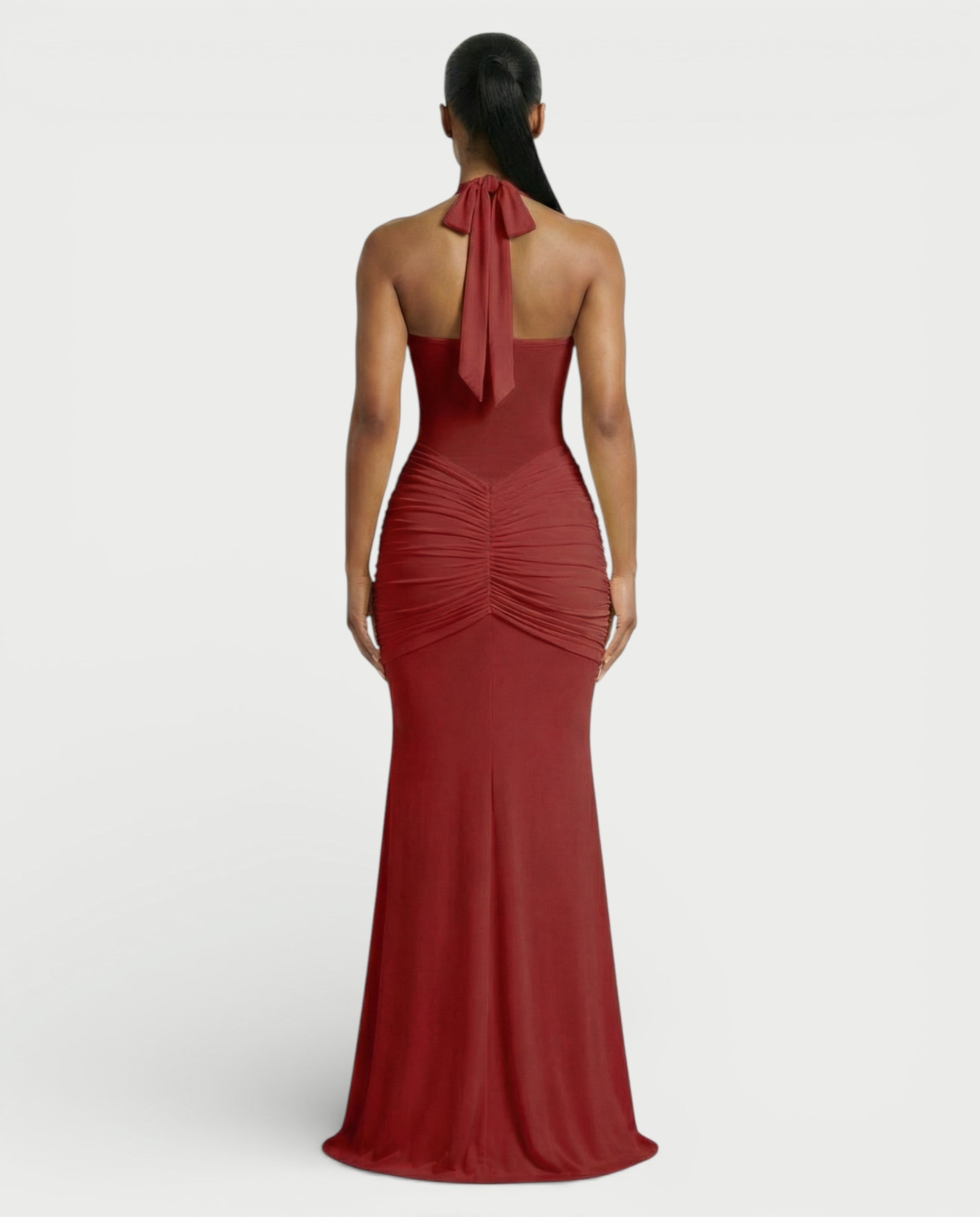ALLEYA Halterneck Ruched Mesh Panel Maxi Dress