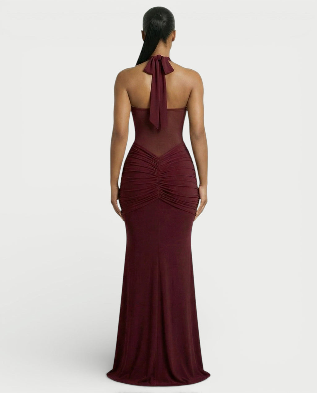 ALLEYA Halterneck Ruched Mesh Panel Maxi Dress
