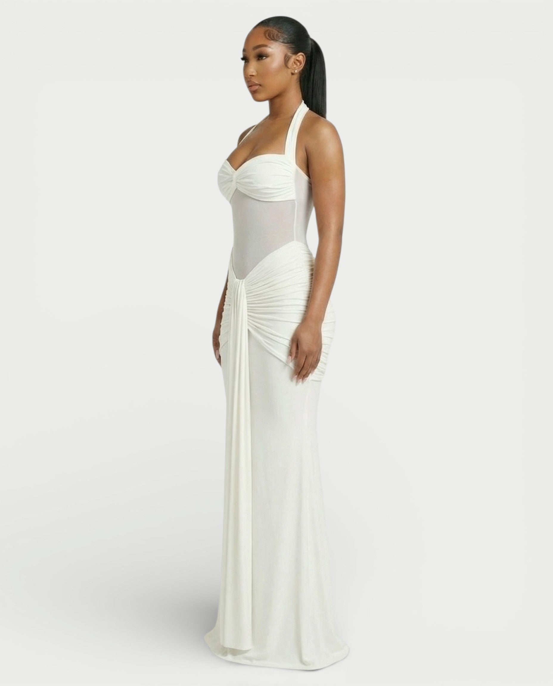 ALLEYA Halterneck Ruched Mesh Panel Maxi Dress