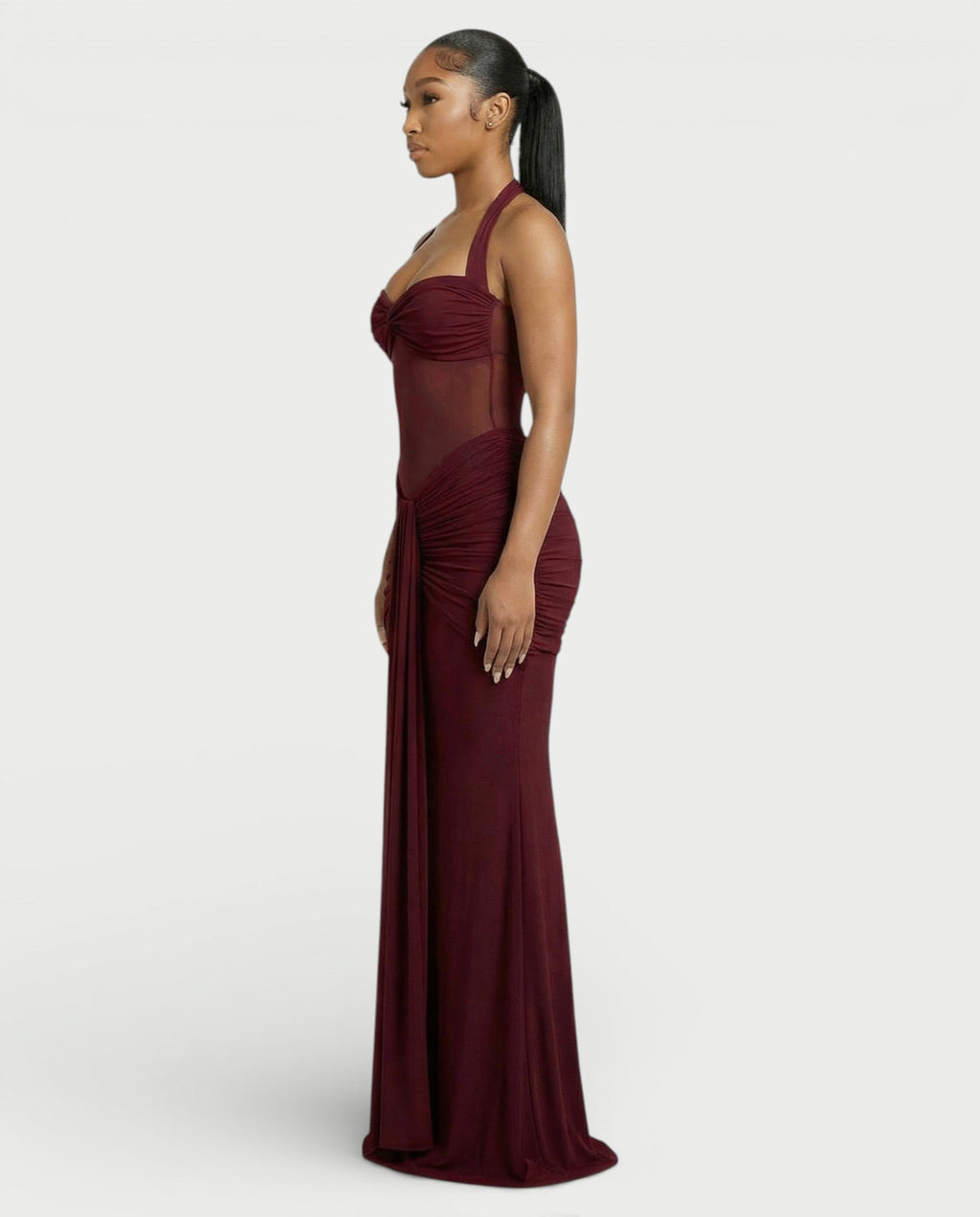 ALLEYA Halterneck Ruched Mesh Panel Maxi Dress