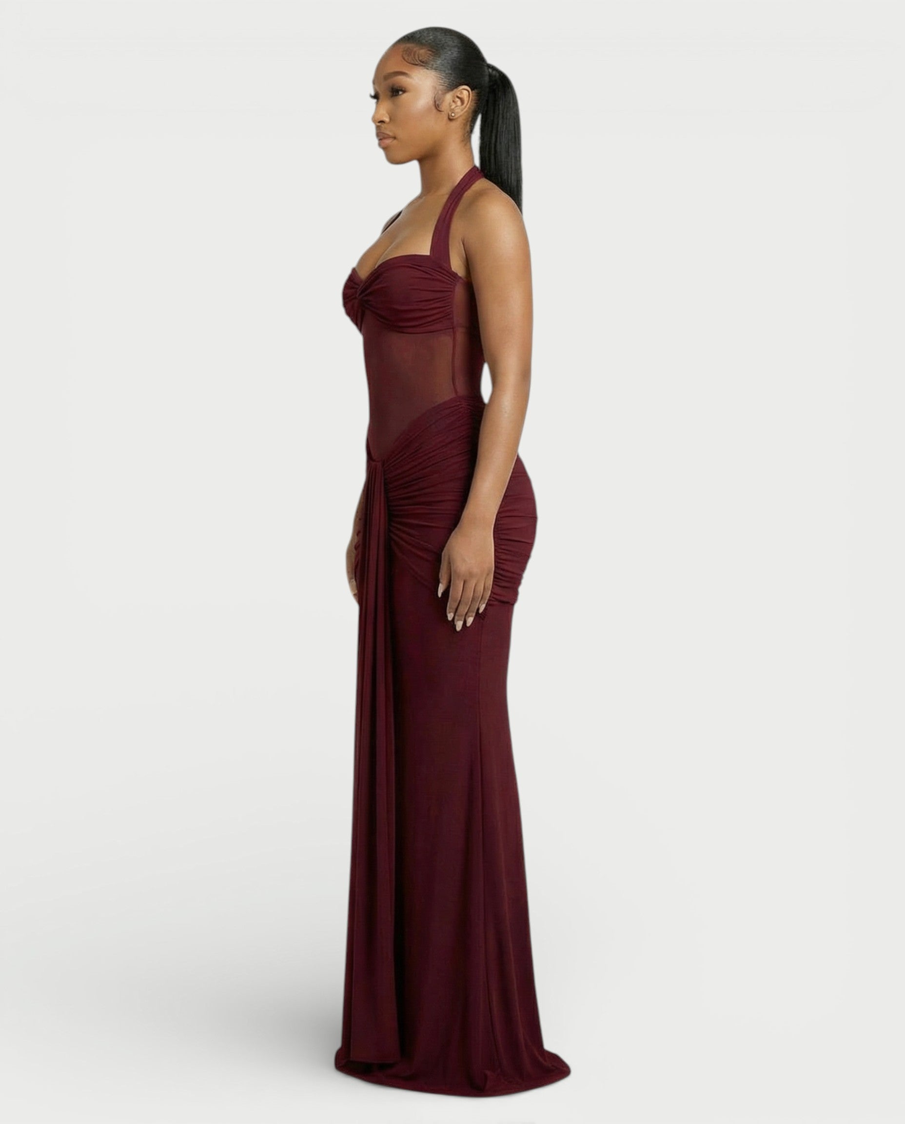 ALLEYA Halterneck Ruched Mesh Panel Maxi Dress