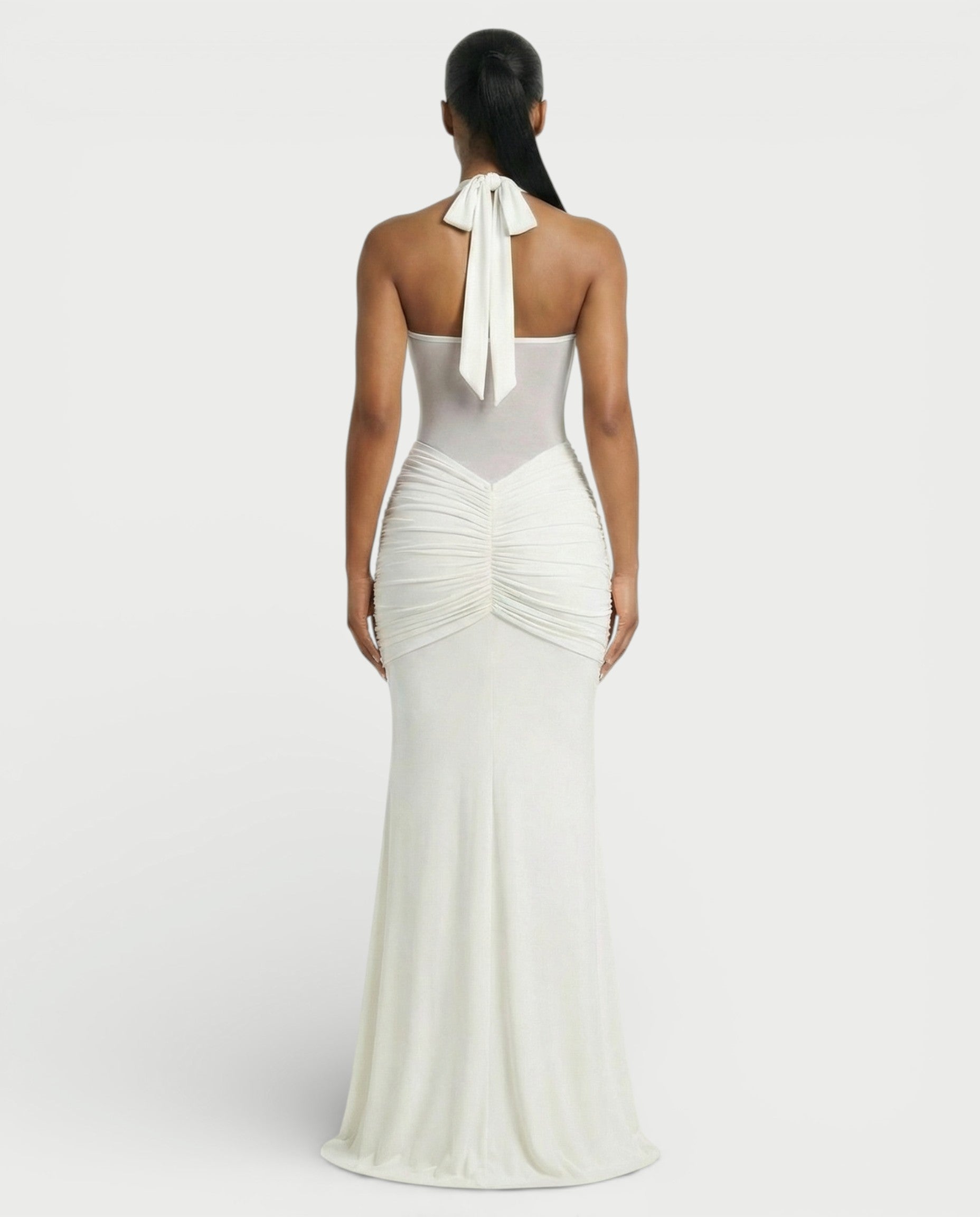 ALLEYA Halterneck Ruched Mesh Panel Maxi Dress