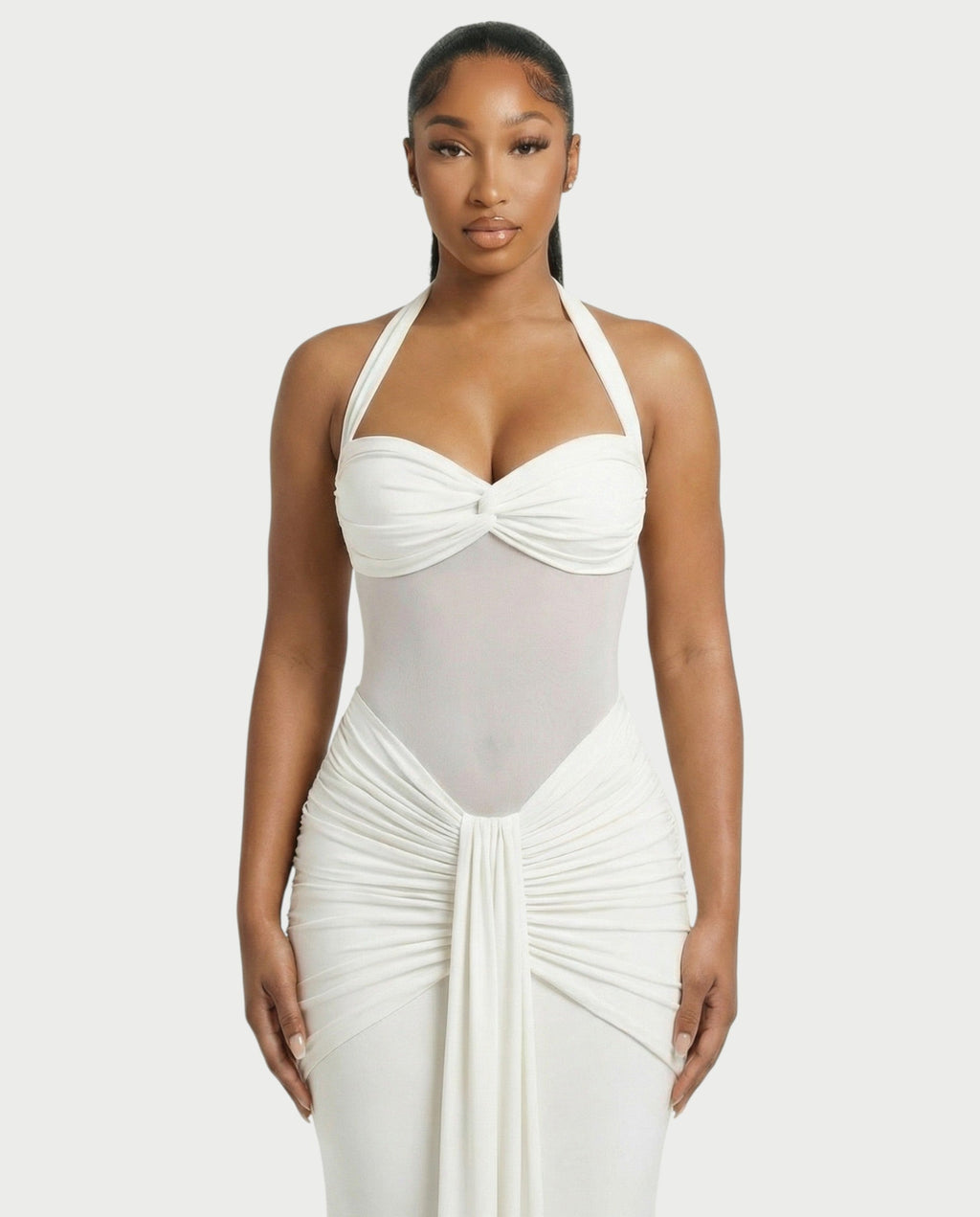ALLEYA Halterneck Ruched Mesh Panel Maxi Dress