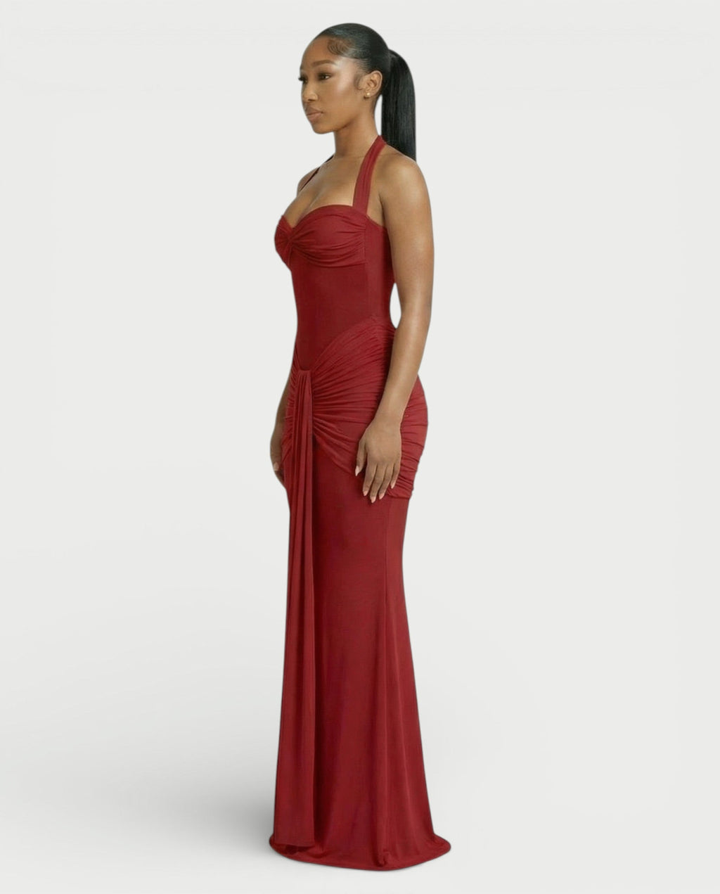 ALLEYA Halterneck Ruched Mesh Panel Maxi Dress