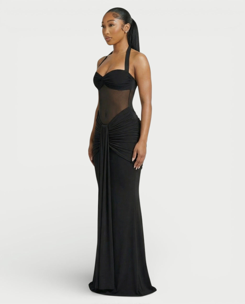ALLEYA Halterneck Ruched Mesh Panel Maxi Dress