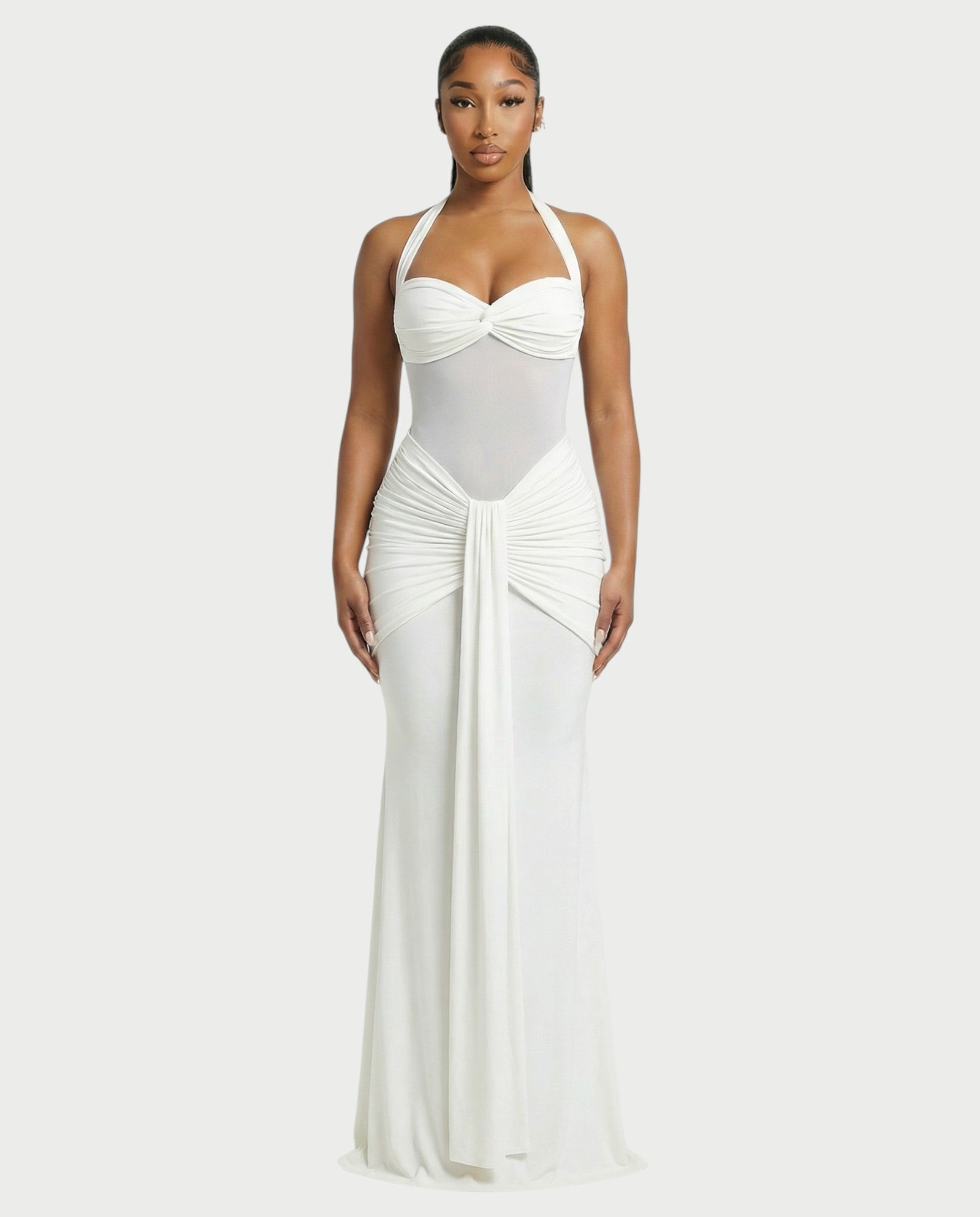 ALLEYA Halterneck Ruched Mesh Panel Maxi Dress