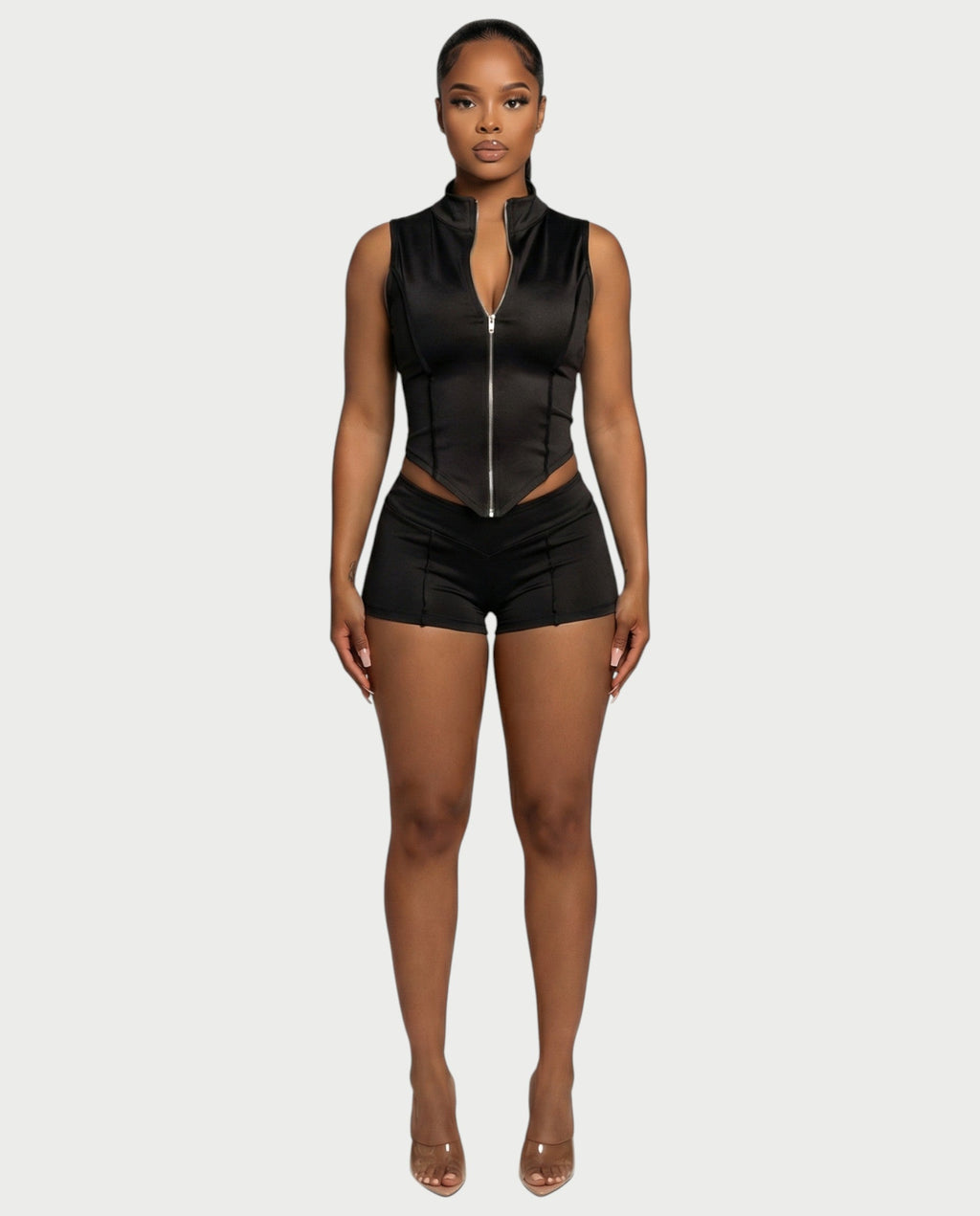 SARIAH Zip Up Cropped Tank Top & Shorts Set