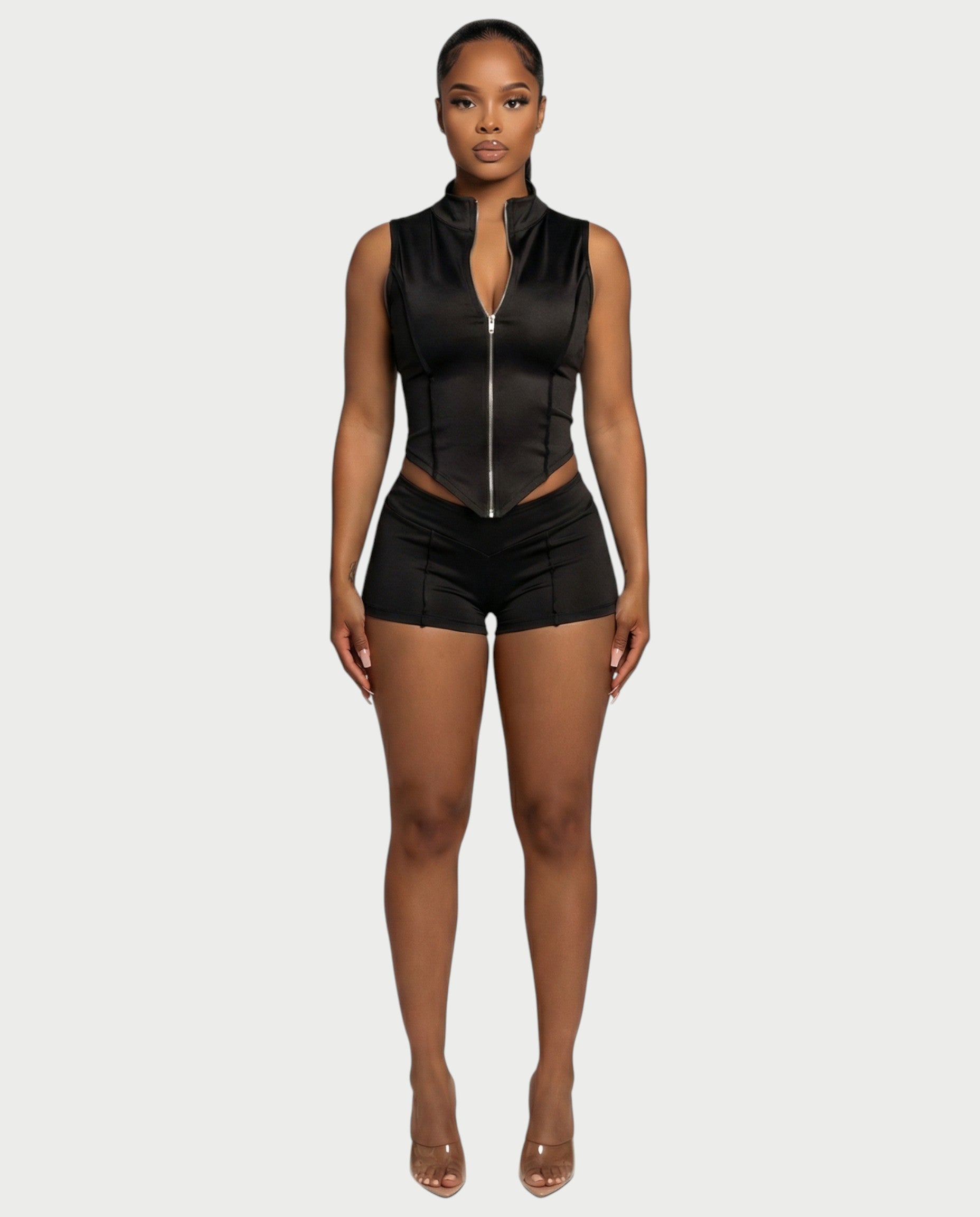 SARIAH Zip Up Cropped Tank Top & Shorts Set