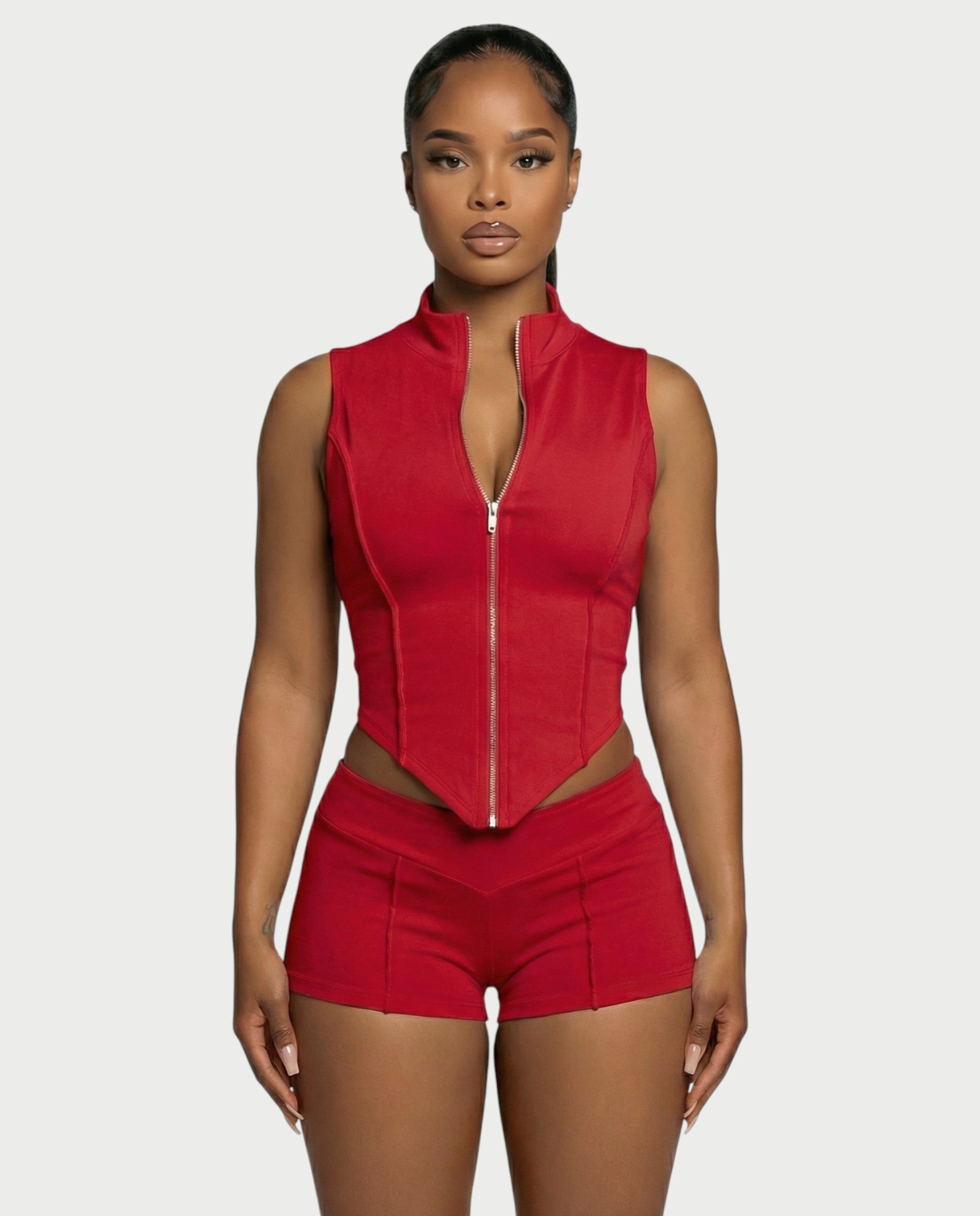 SARIAH Zip Up Cropped Tank Top & Shorts Set