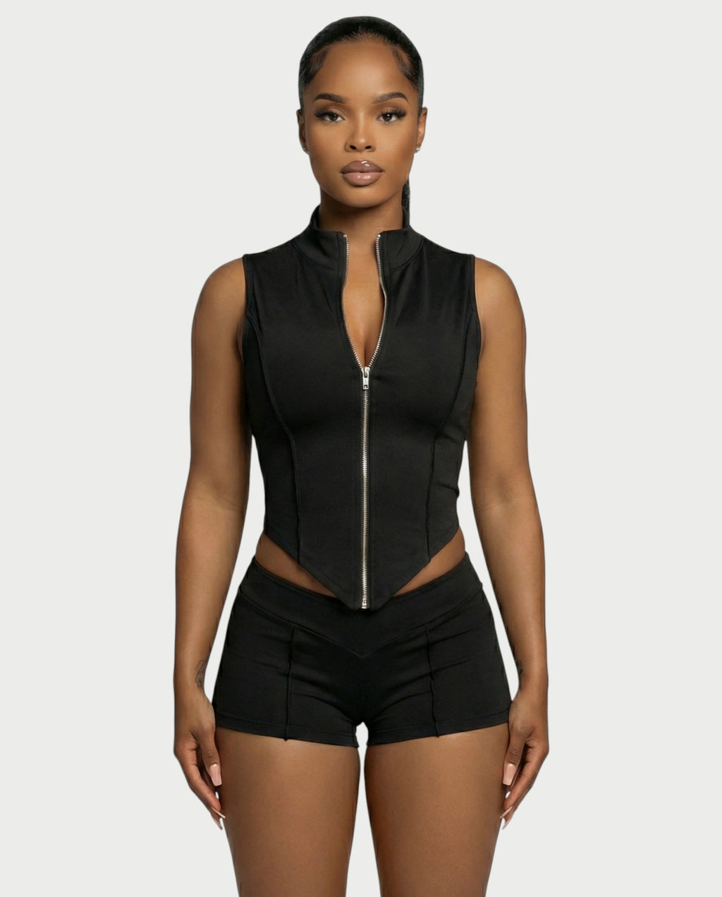 SARIAH Zip Up Cropped Tank Top & Shorts Set
