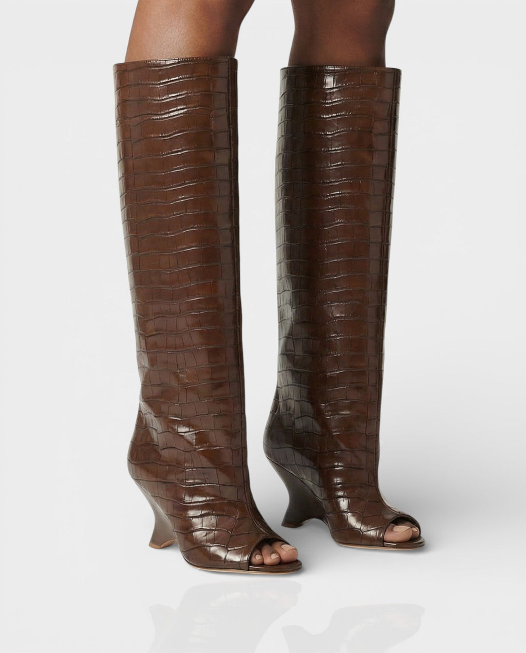 HELIRA Peep Toe Wedge Knee High Boots