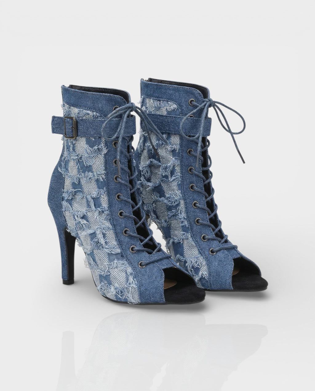 REIKO Buckled Ankle Strap Lace-Up Denim Boots