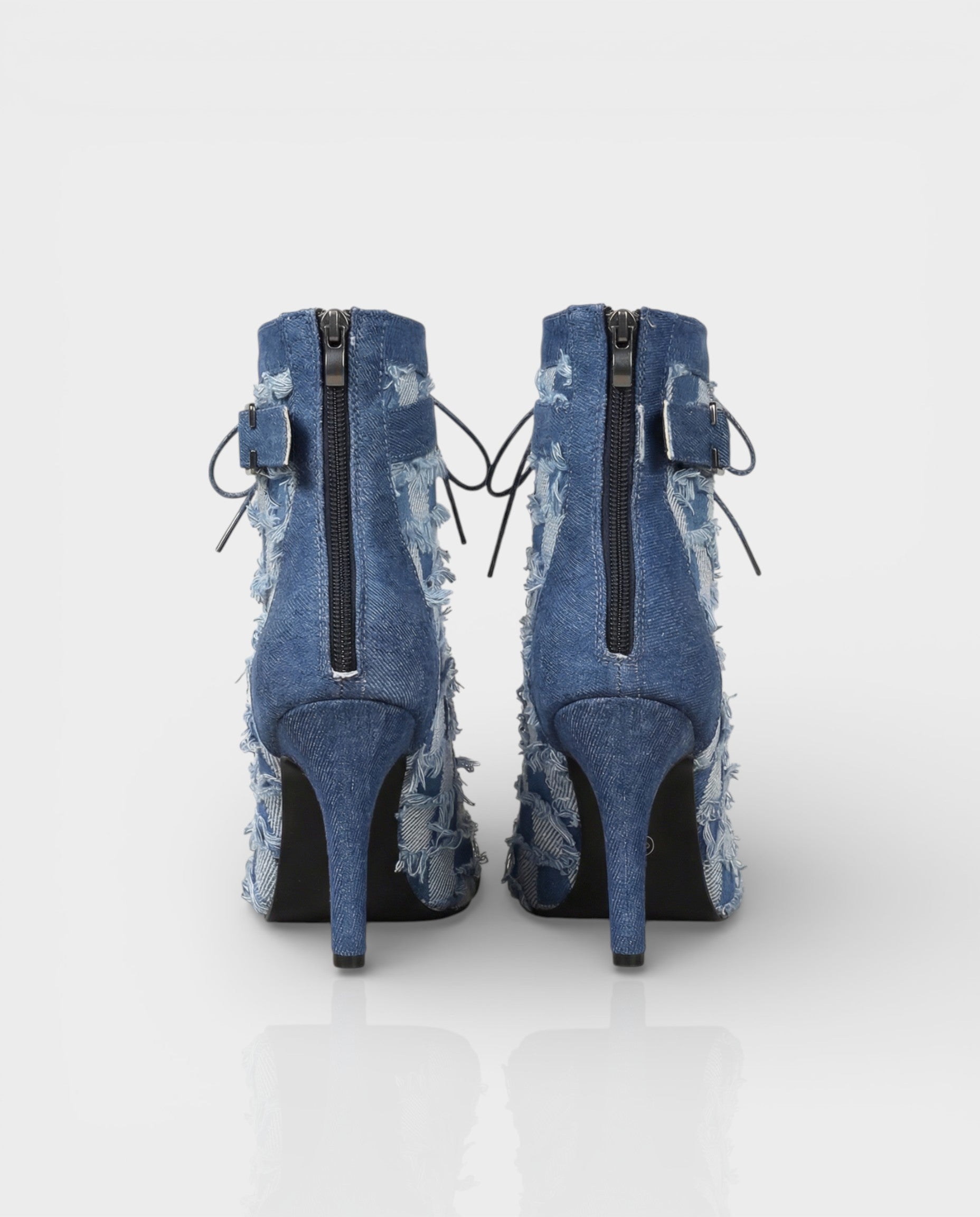 REIKO Buckled Ankle Strap Lace-Up Denim Boots