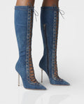 ESCAS Lace-Up Denim Knee-High Stiletto Boots