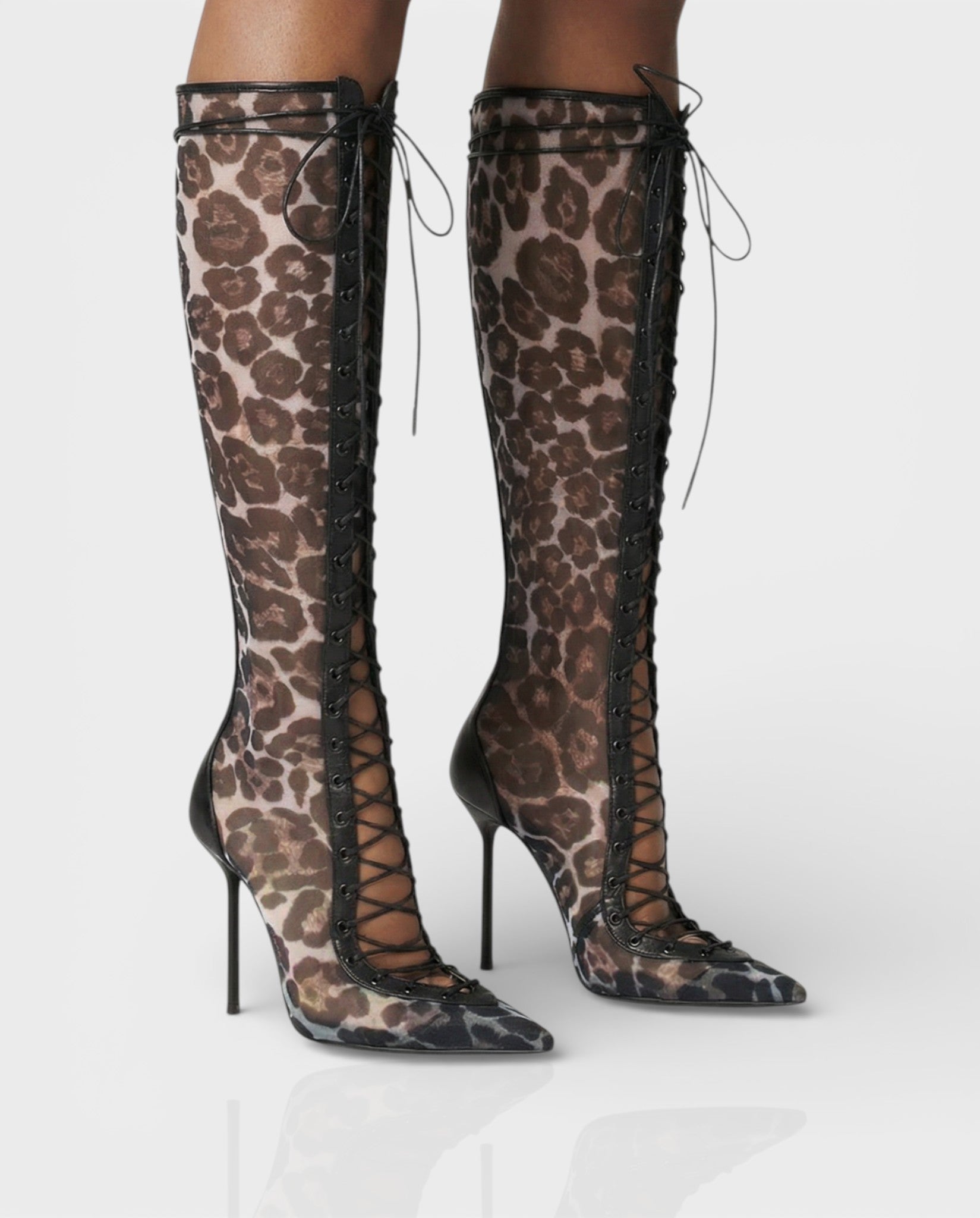 ESCAS Lace-Up Leopard Print Knee-High Stiletto Boots