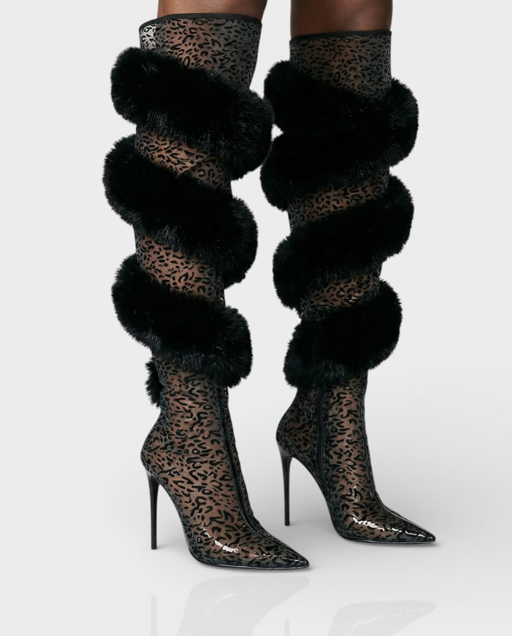 YALLY Faux-Fur Trim Knee-High Boots