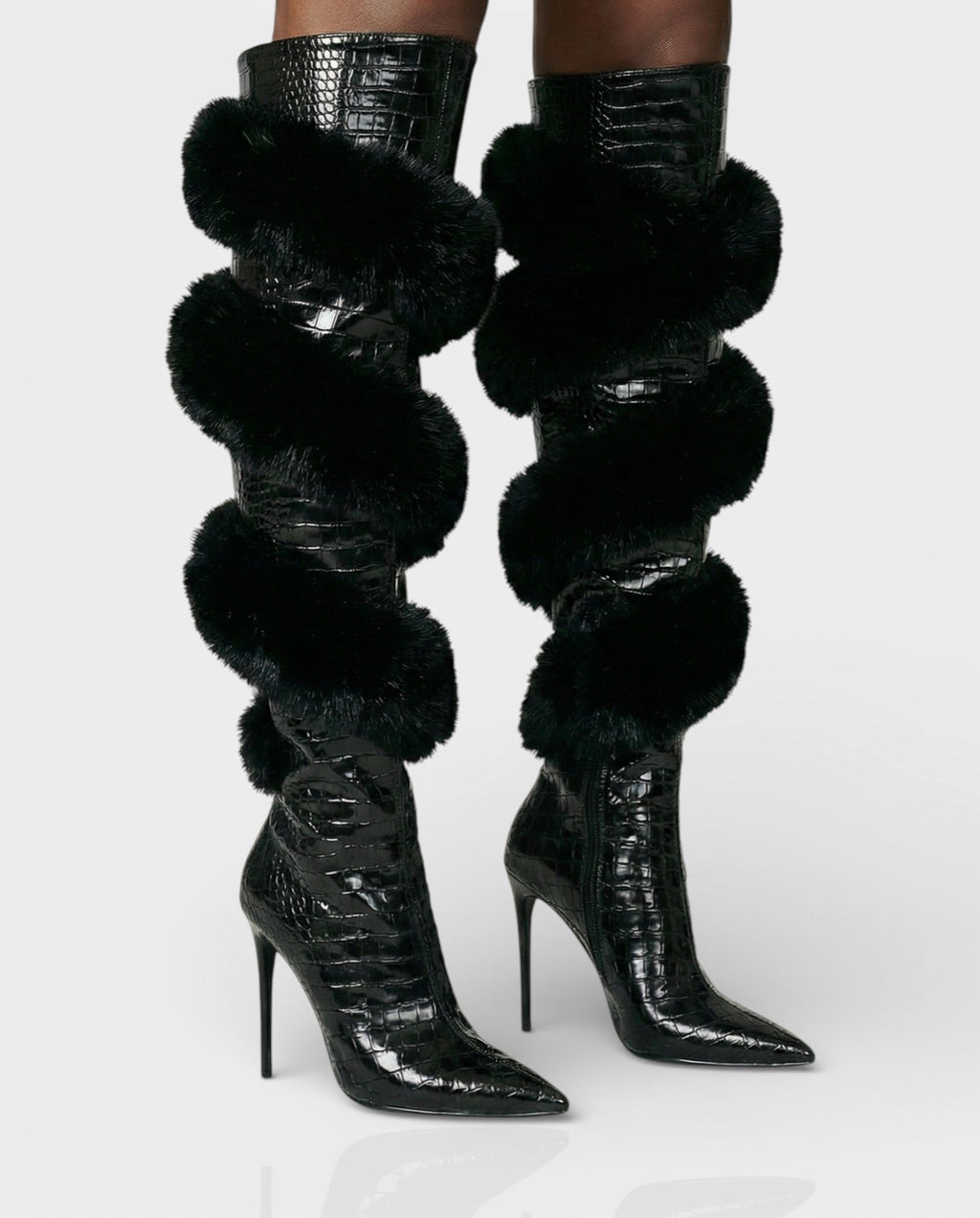 YALLY Faux-Fur Trim Knee-High Boots