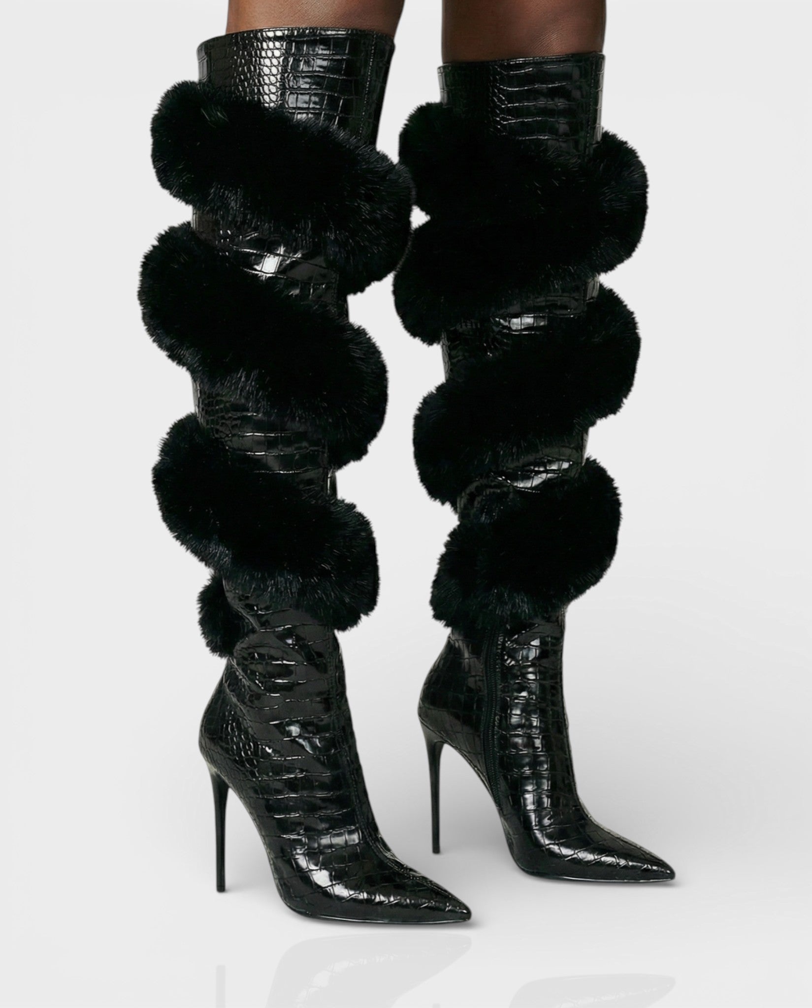 YALLY Faux-Fur Trim Knee-High Boots