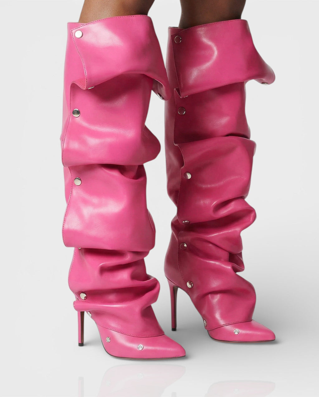 KIVARA Stiletto Heel Fold-Over Rivet Knee-High Boots