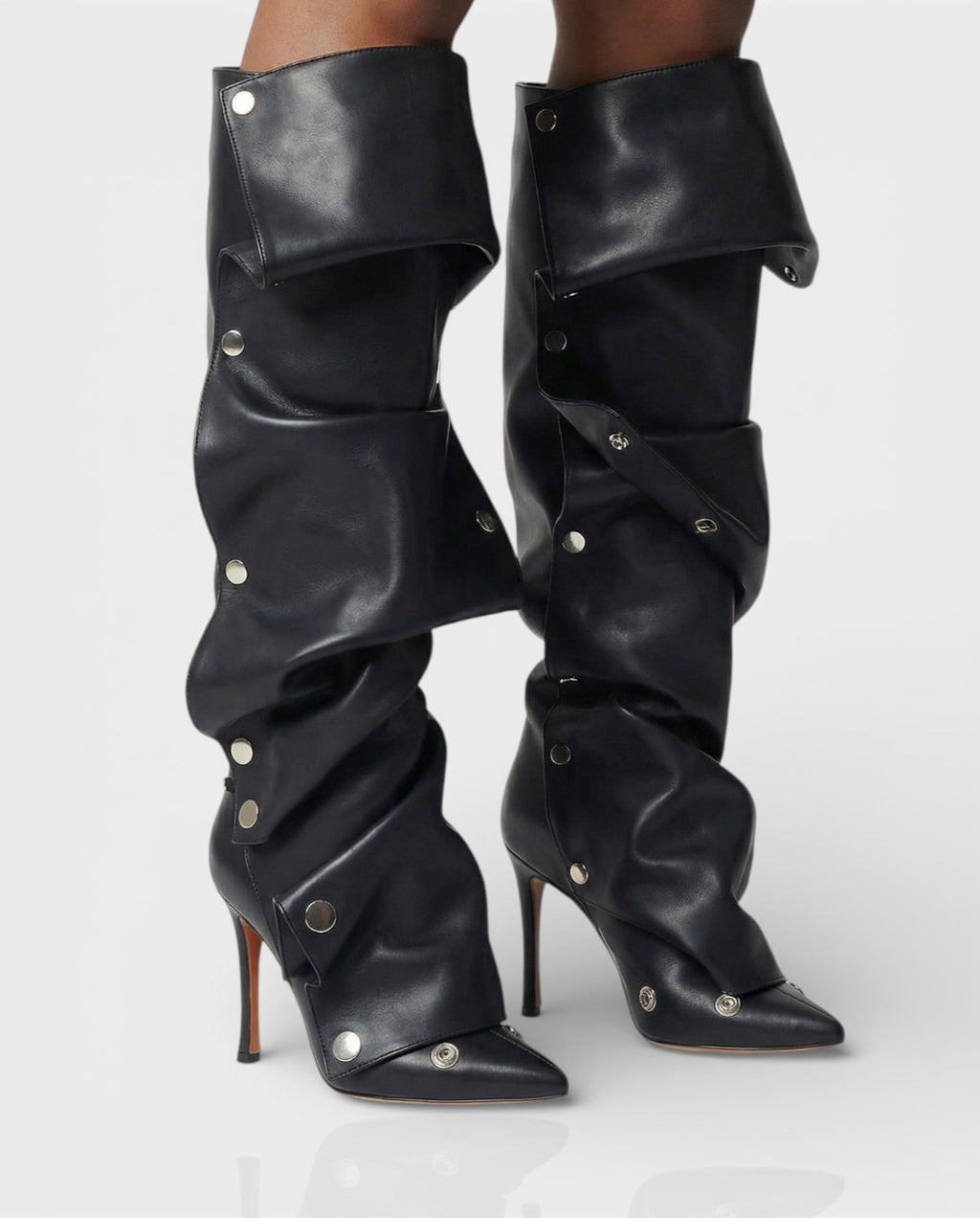 KIVARA Stiletto Heel Fold-Over Rivet Knee-High Boots