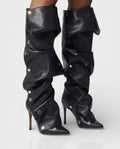 KIVARA Stiletto Heel Fold-Over Rivet Knee-High Boots