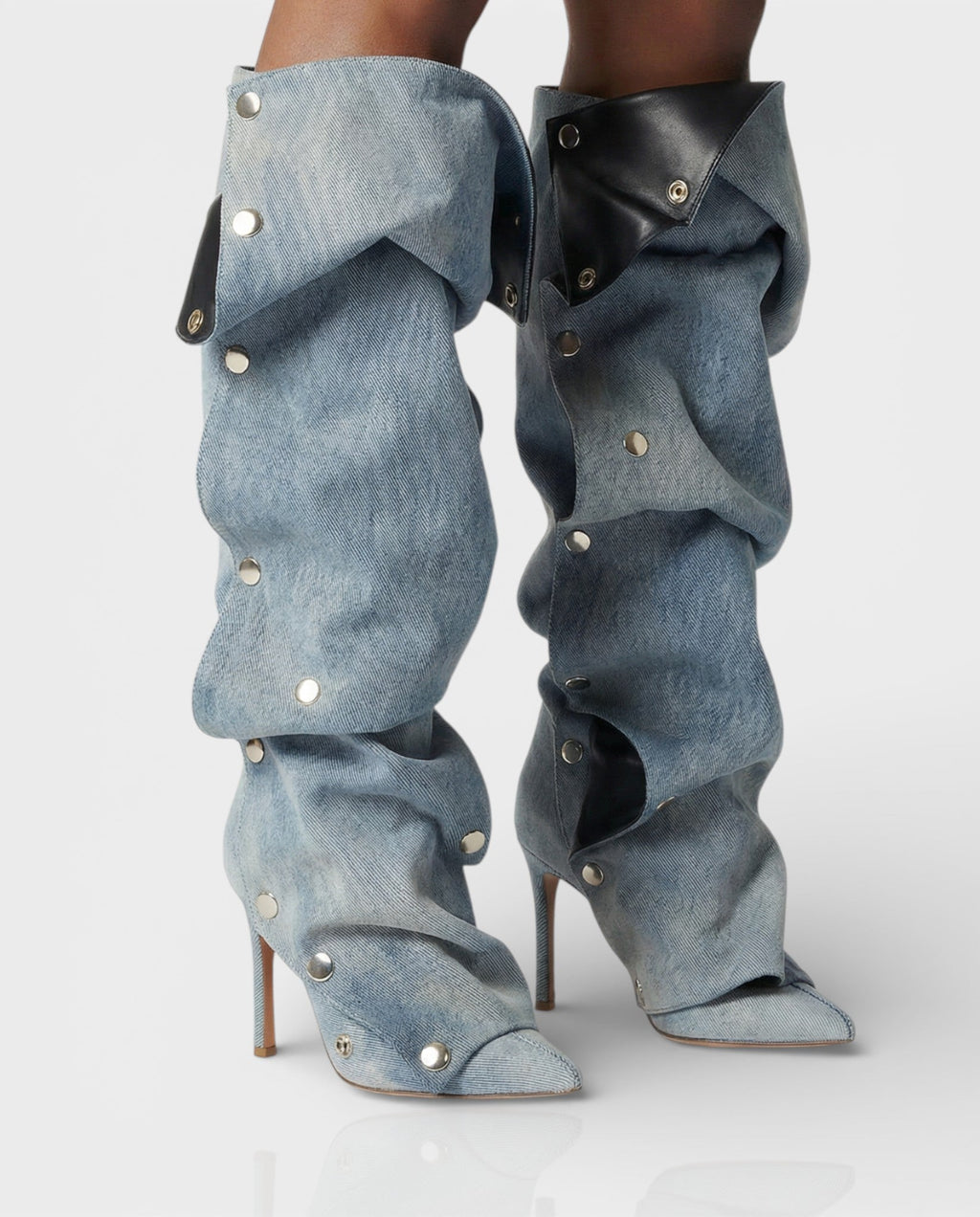 KIVARA Stiletto Heel Fold-Over Rivet Knee-High Boots