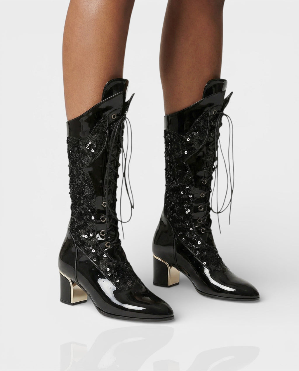 AROLA Lace-Up Embroidered Mid-Calf Boots