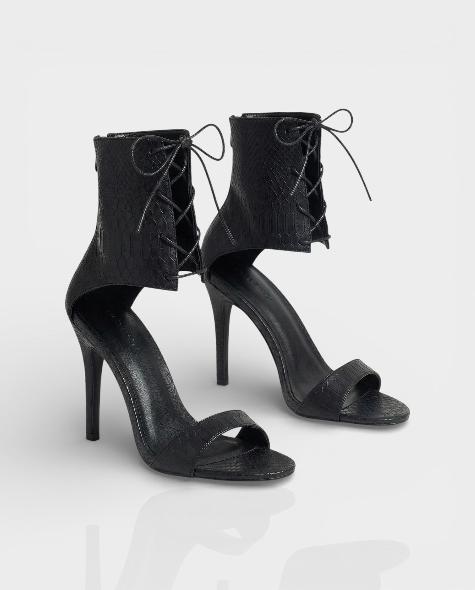 AMITY Black Faux Snake Skin Lace-Up High Heels