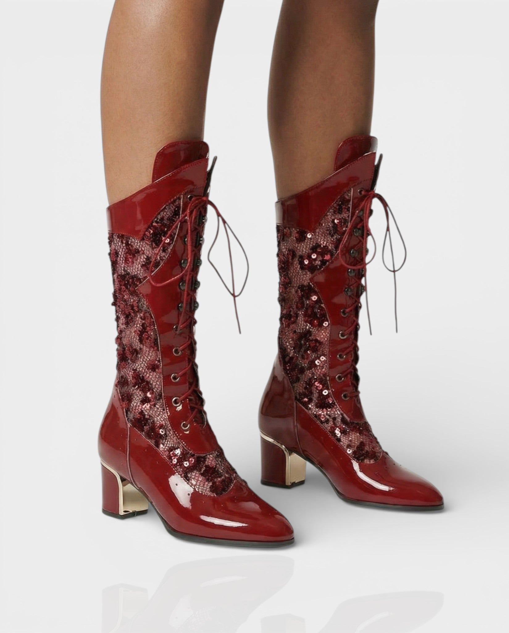 AROLA Lace-Up Embroidered Mid-Calf Boots