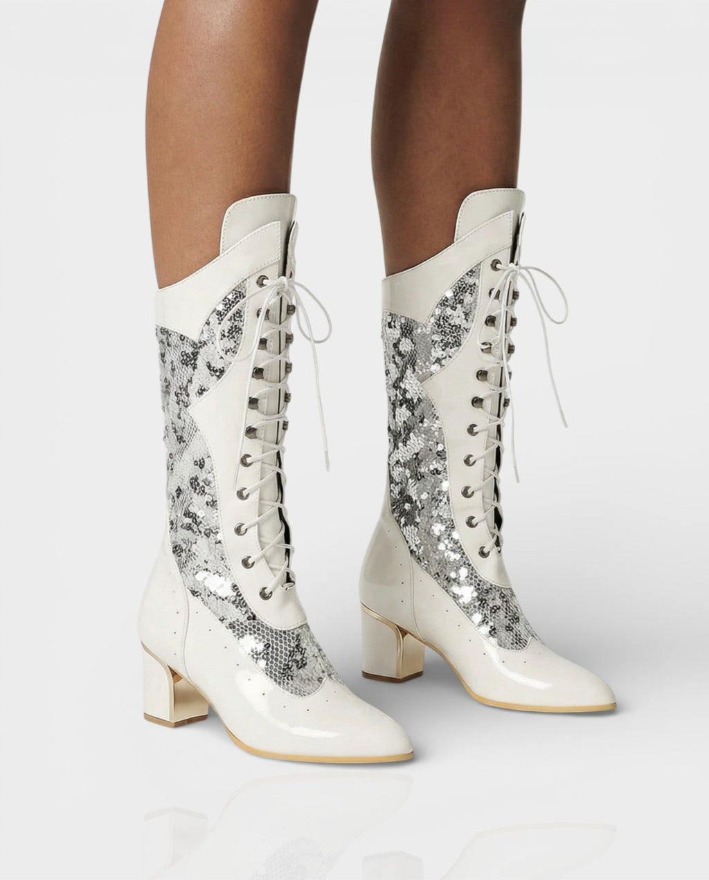 AROLA Lace-Up Embroidered Mid-Calf Boots