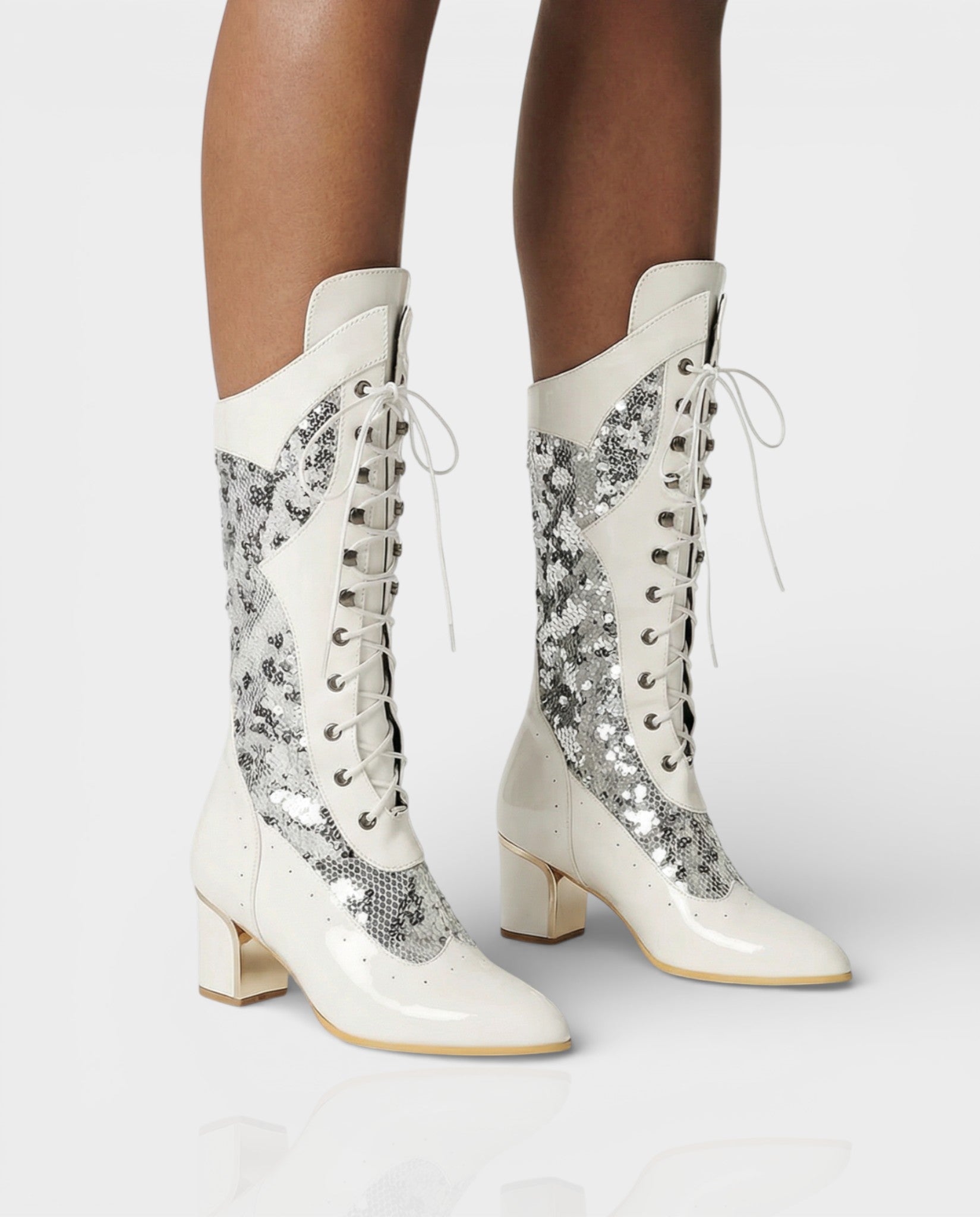 AROLA Lace-Up Embroidered Mid-Calf Boots