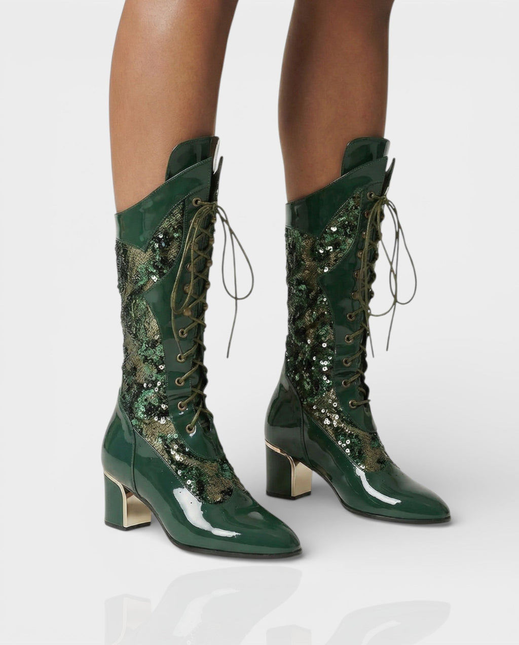 AROLA Lace-Up Embroidered Mid-Calf Boots