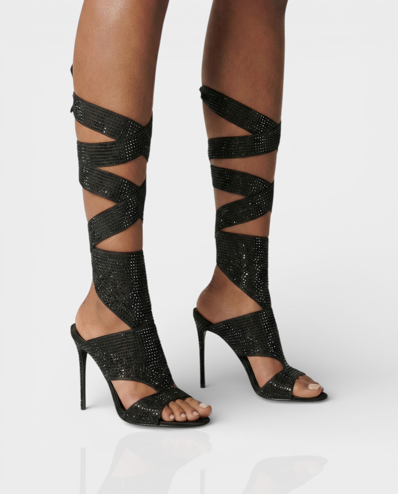 BRIANNE Square Head Rhinestone Lace-Up Knee High Heels