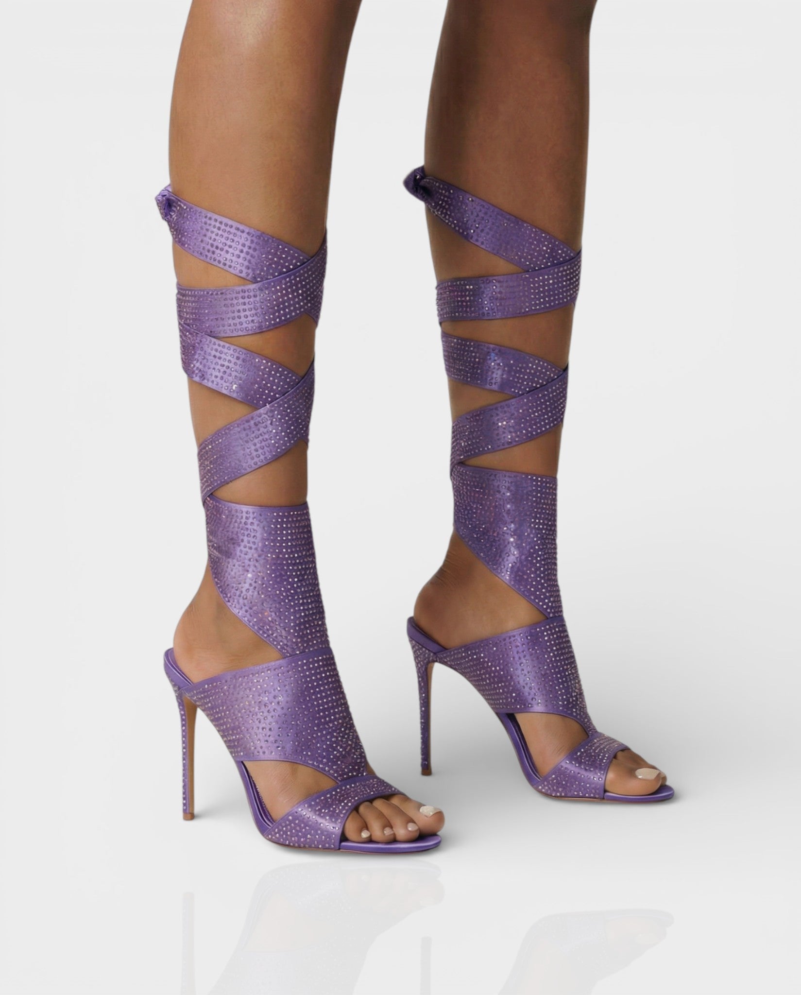 BRIANNE Square Head Rhinestone Lace-Up Knee High Heels